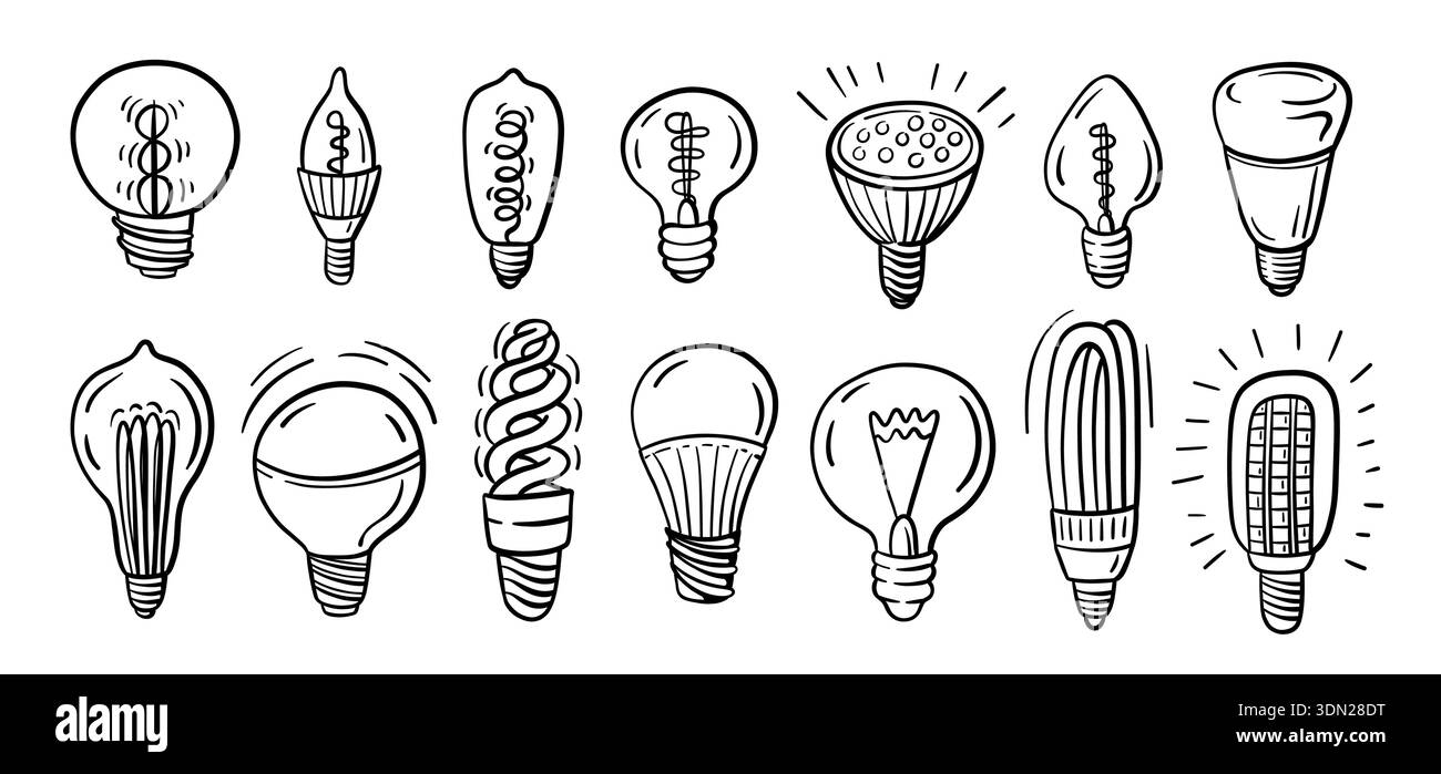Light bulbs doodle. Idea and business solution, inspiration icons ...