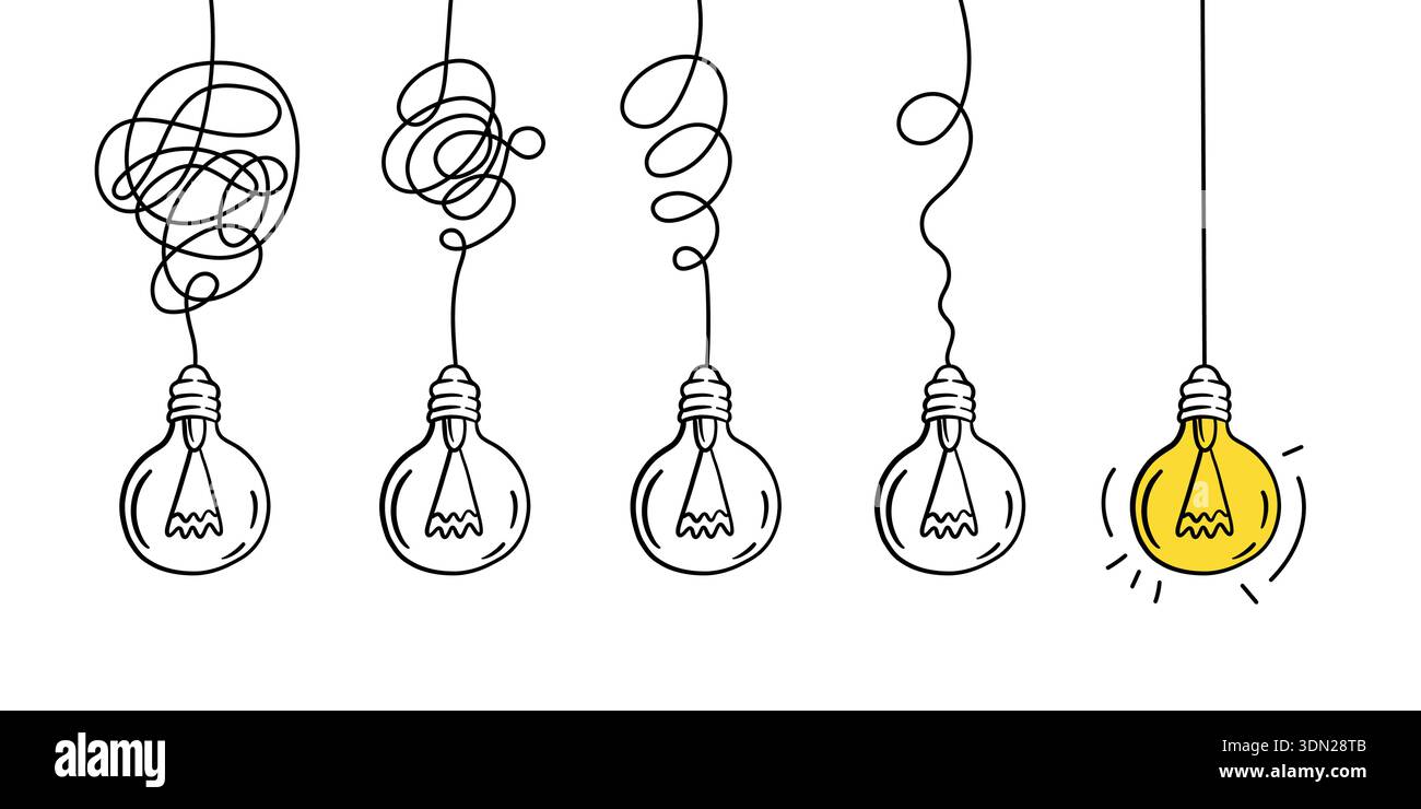 Lightbulb idea doodle. Hanging light bulbs with tangled wires. Innovation and complex problem, business solution. Simplify complex process, from Stock Vector
