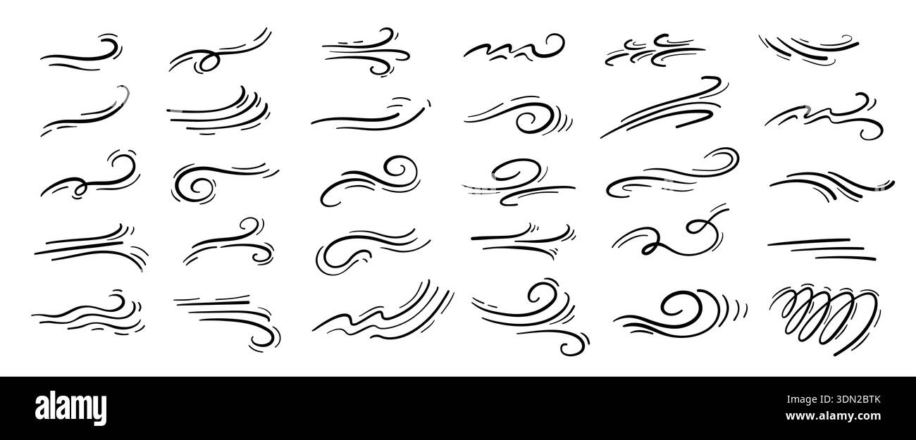 Wind breeze doodle. Swoosh swirls and motion trails for weather windy ...