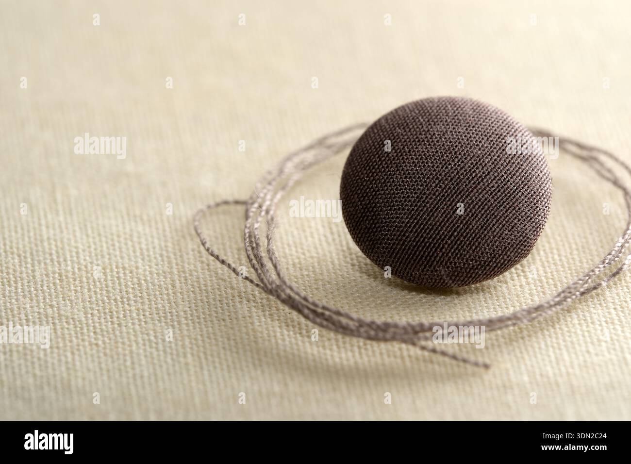 A small brown button rests on delicate fabric, with thread elegantly wrapped around it. Stock Photo