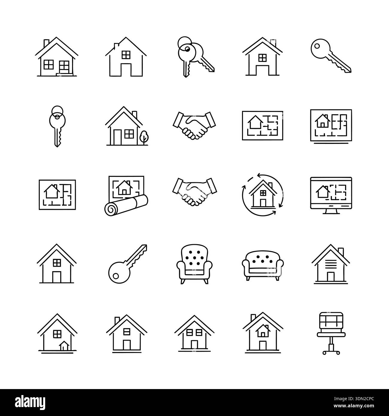 A collection of real estate icons representing houses, keys, blueprints ...