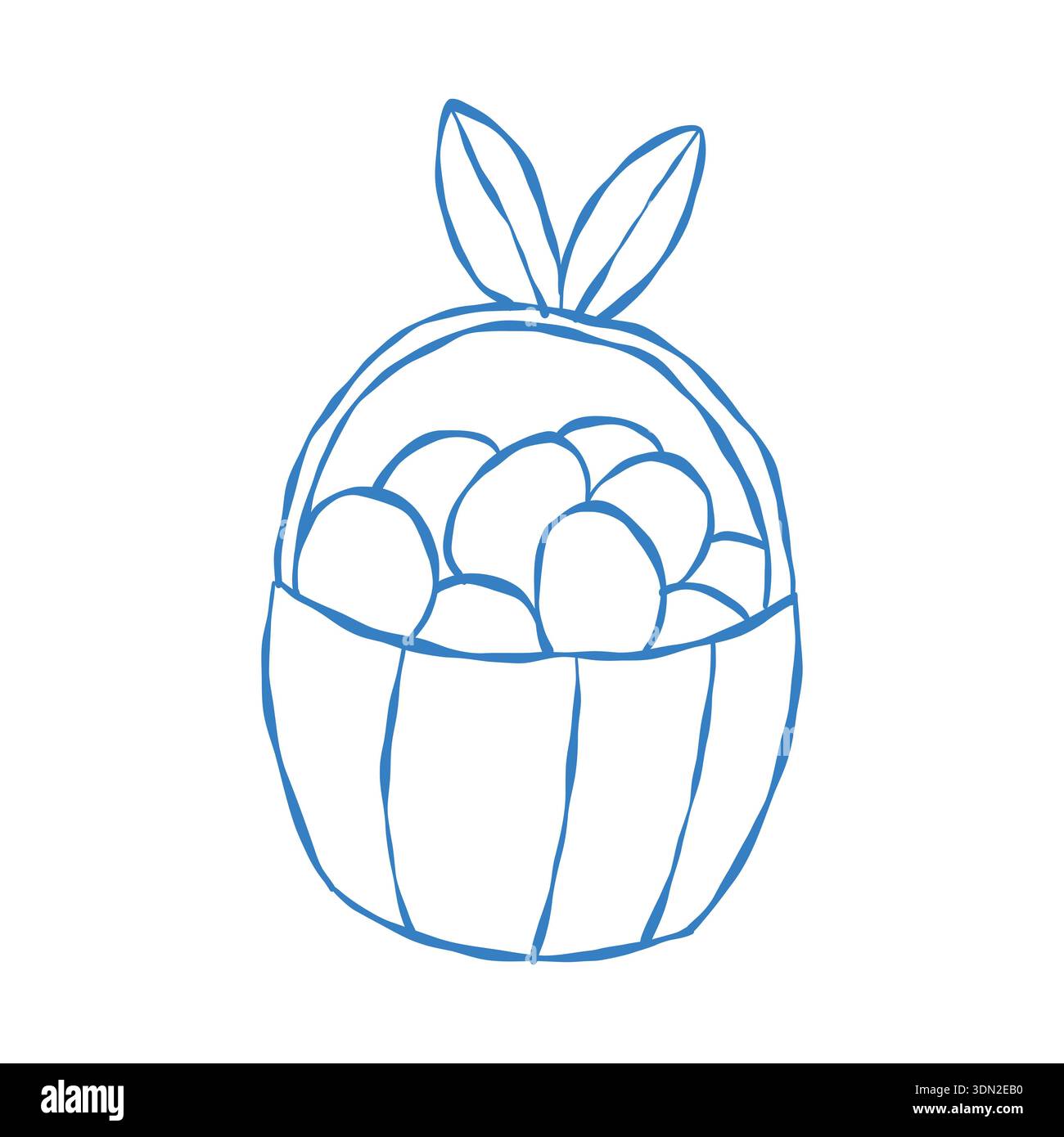 Wicker basket with Easter eggs. Bunny ears. Hand-drawn Easter outline illustration in blue. Stock Vector