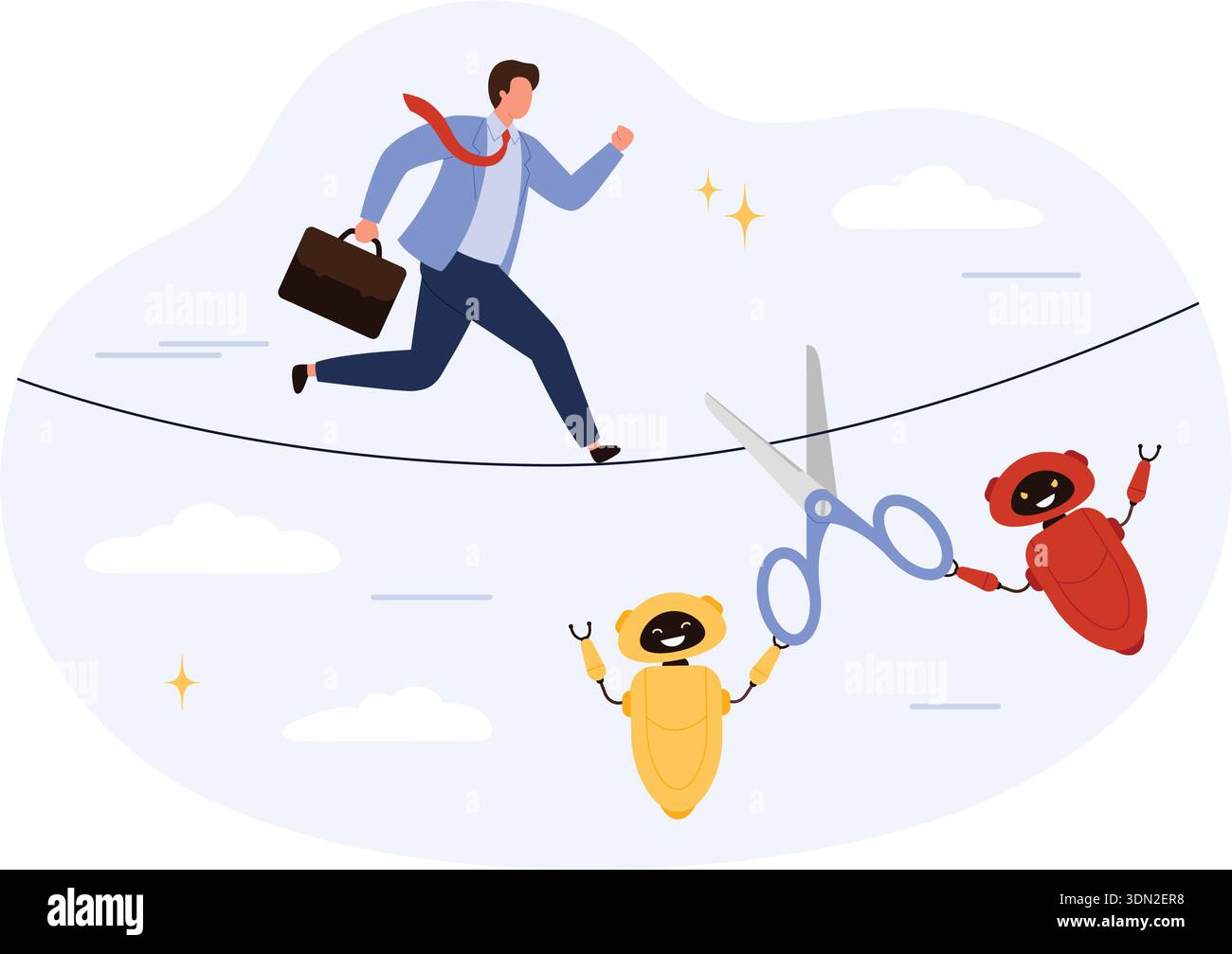 Workforce Displacement Businessman running on tightrope as robots cut the line symbolizing ...