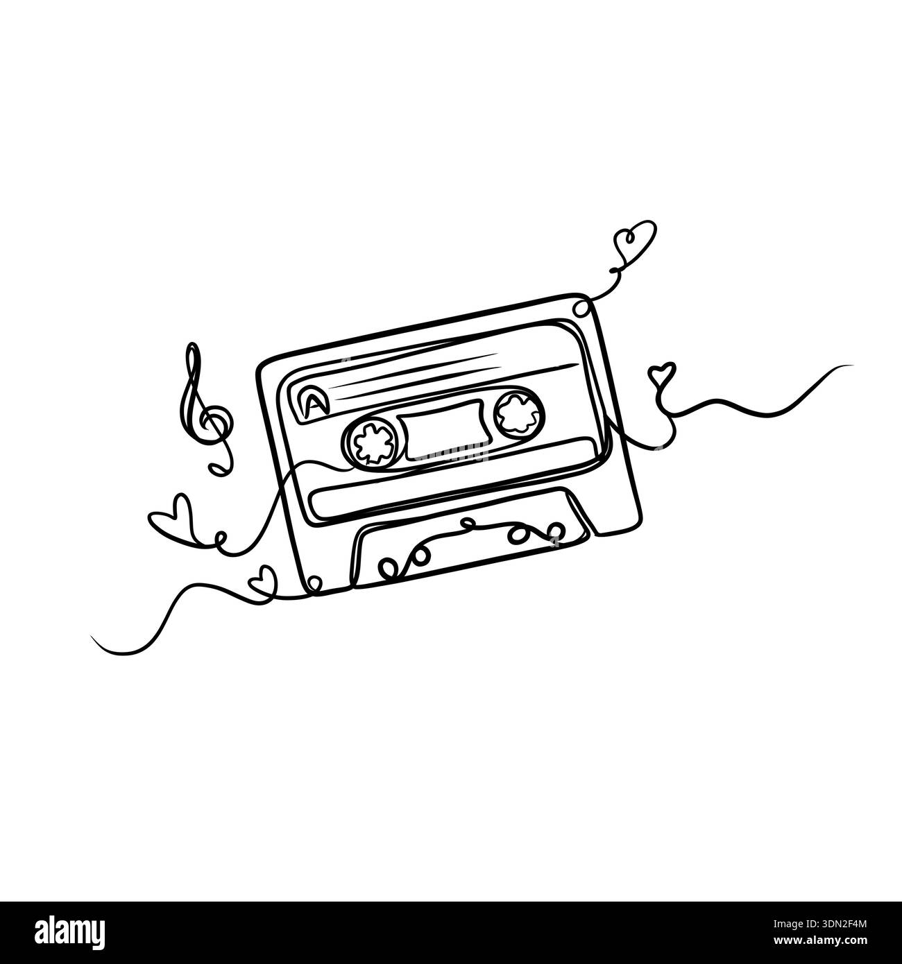 Minimalist continuous line art of a vintage audio cassette with hearts ...