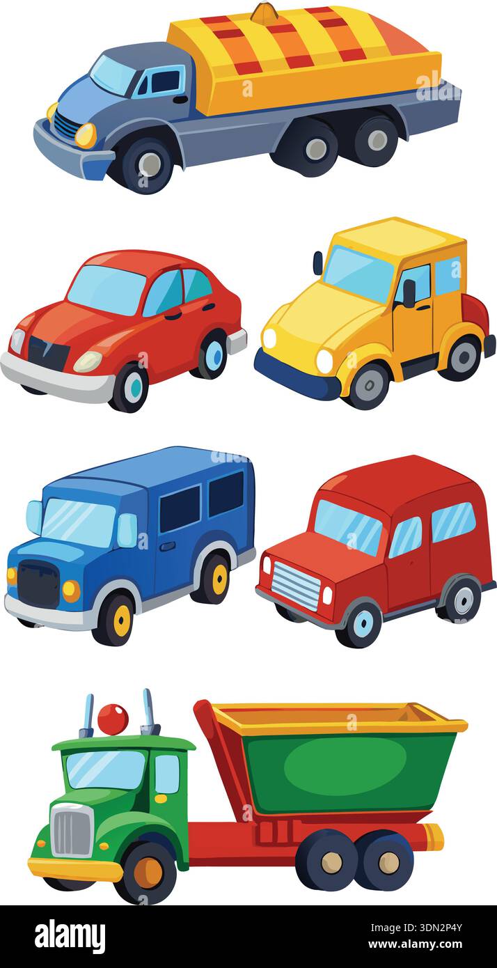 A collection of colorful cartoon vehicles, including trucks and cars ...