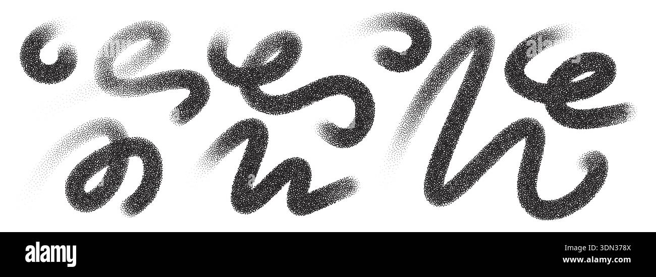 Dynamic swirl shapes with stipple effects and geometric dots create modern artistic compositions featuring flowing curves, organic spirals, and Stock Vector