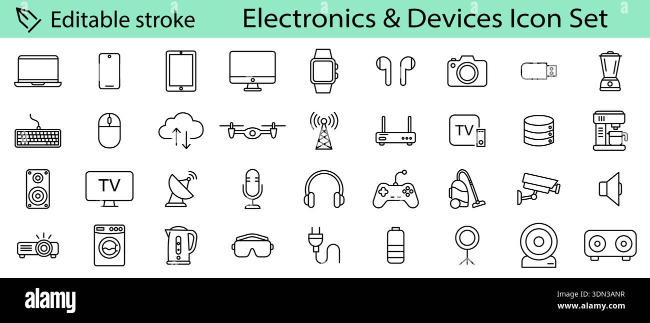 Electronic devices linear icon set Editable stroke . Smart devices, electronics, gadgets, technology, computer, tech, smartphone, tablet, TV, camera, Stock Vector