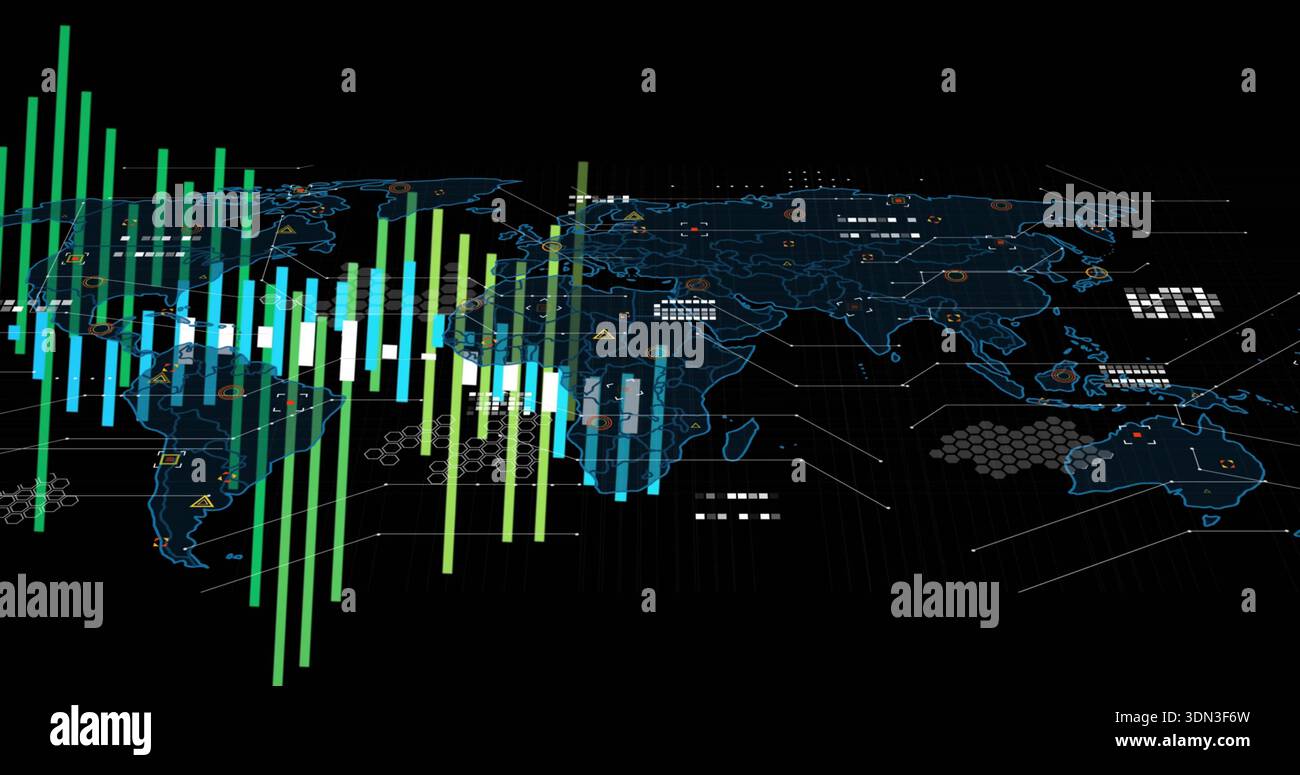 Displaying multicolor 3D bars over world map outline at virtual workspace, with glowing nodes Stock Photo