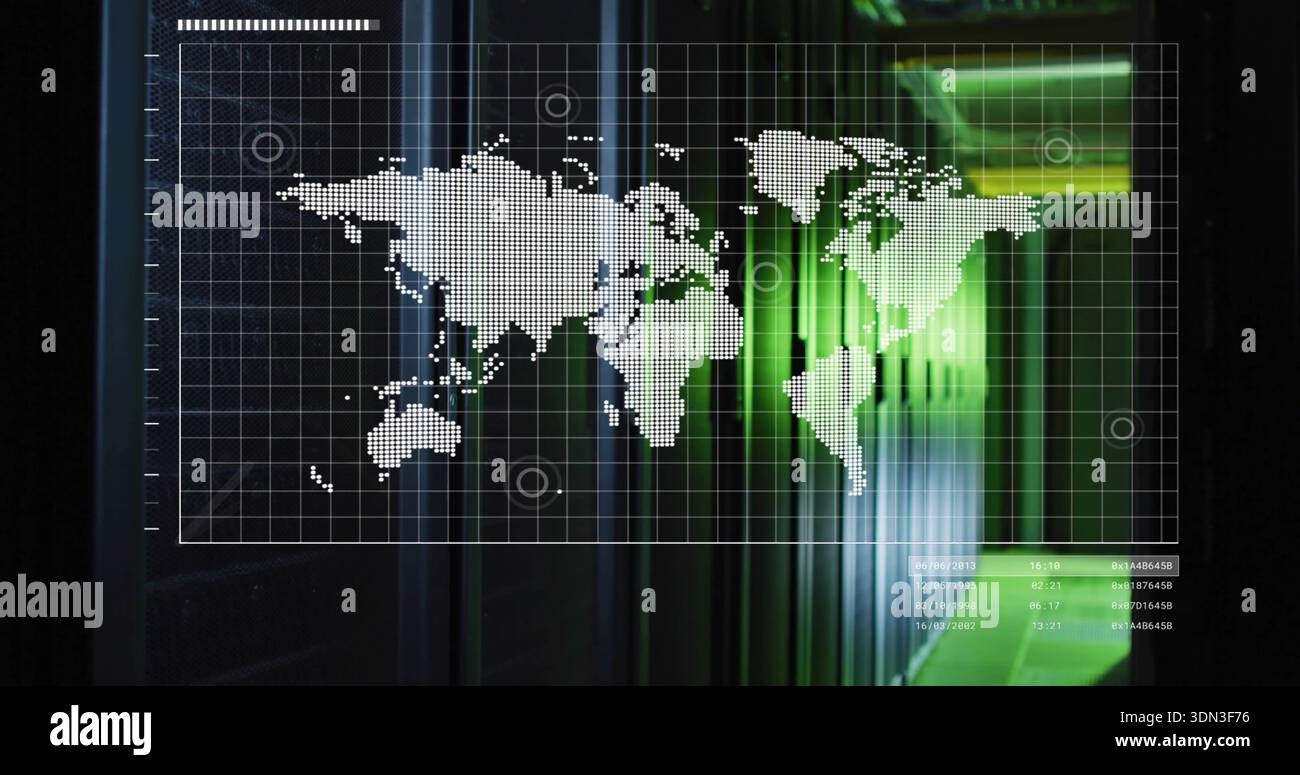 Displaying white dotted world map overlay hovering over datacenter corridor, with time readouts Stock Photo