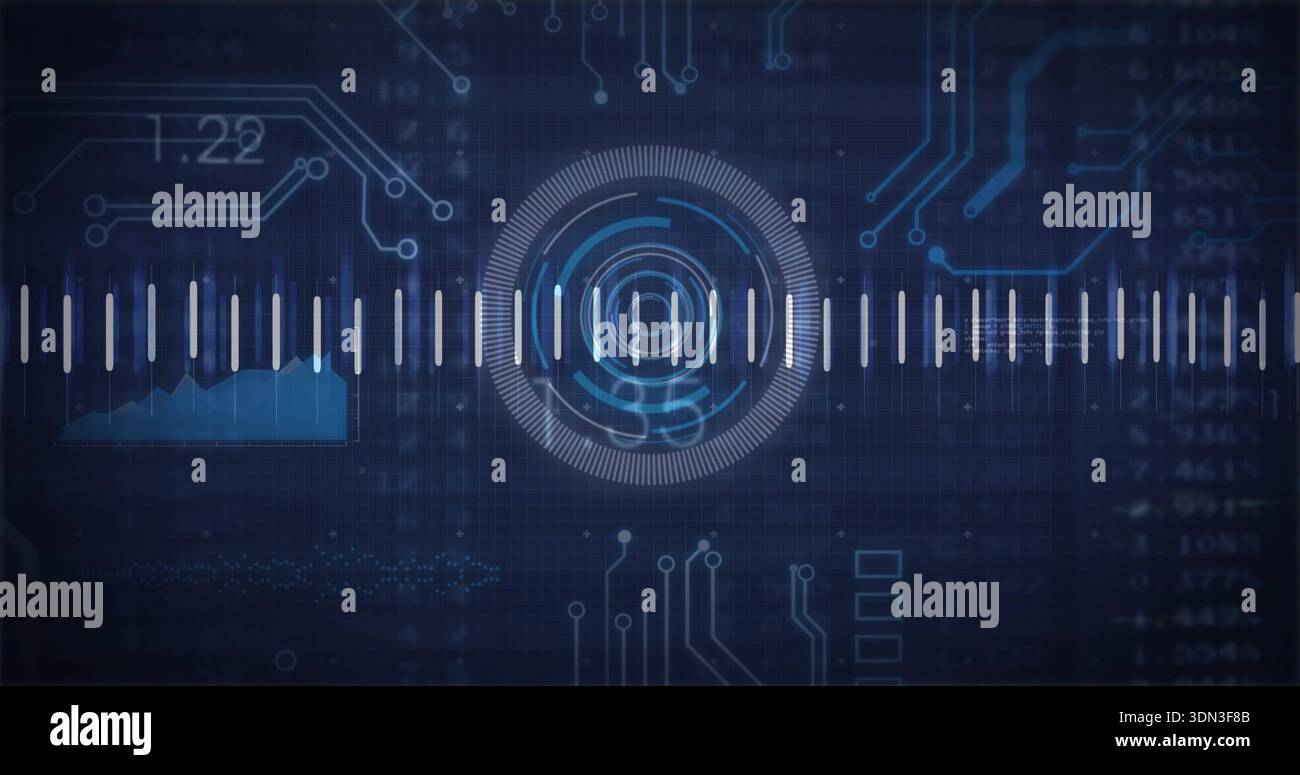 Displaying central HUD reticle scanning dashboard, showing white bars left chart right data grid Stock Photo