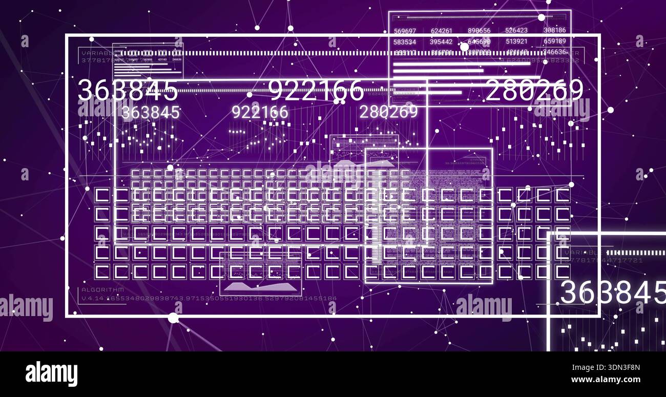 Displaying clear key grid schematic, HUD frames and numbers on purple gradient showing nodes Stock Photo