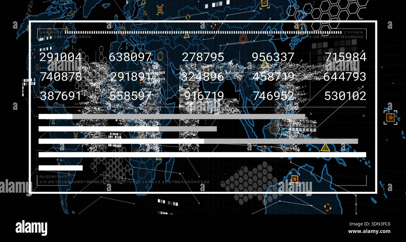 Displaying central white data panel over blue world map, showing numeric readouts, grey bar graphs Stock Photo