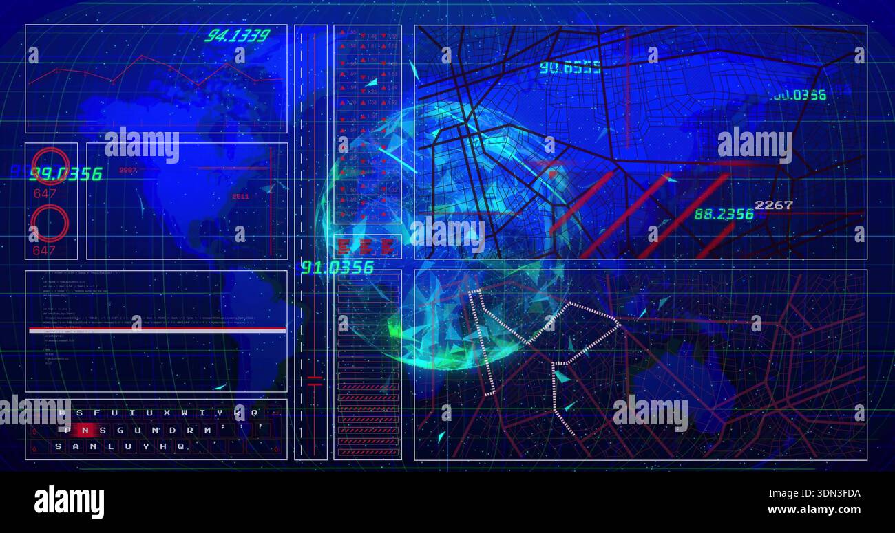 Rendering central low-poly globe rotating on digital dashboard, with HUD panels, coded text Stock Photo