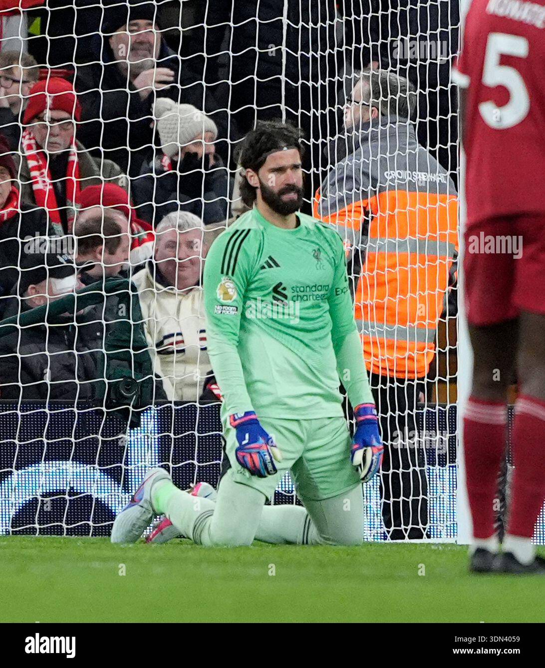 Liverpool goalkeeper Alisson Becker reacts after conceding their sides ...