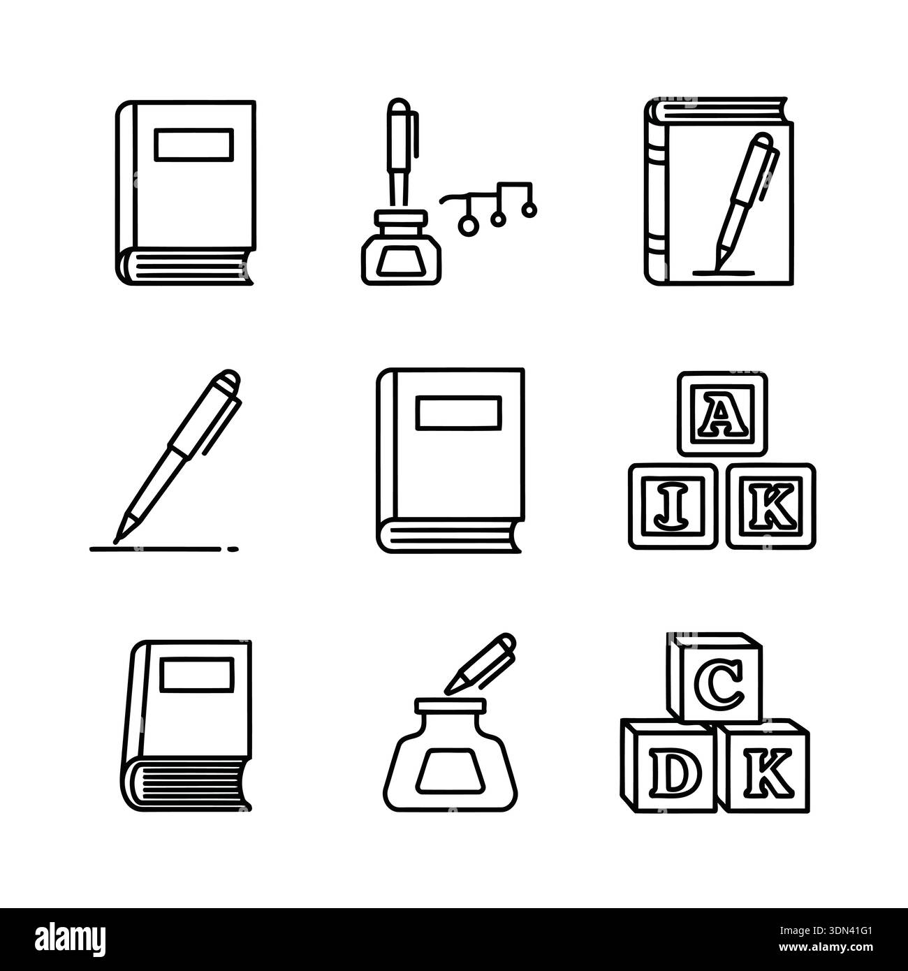 A collection of line art illustrations featuring books, pens, inkwells ...