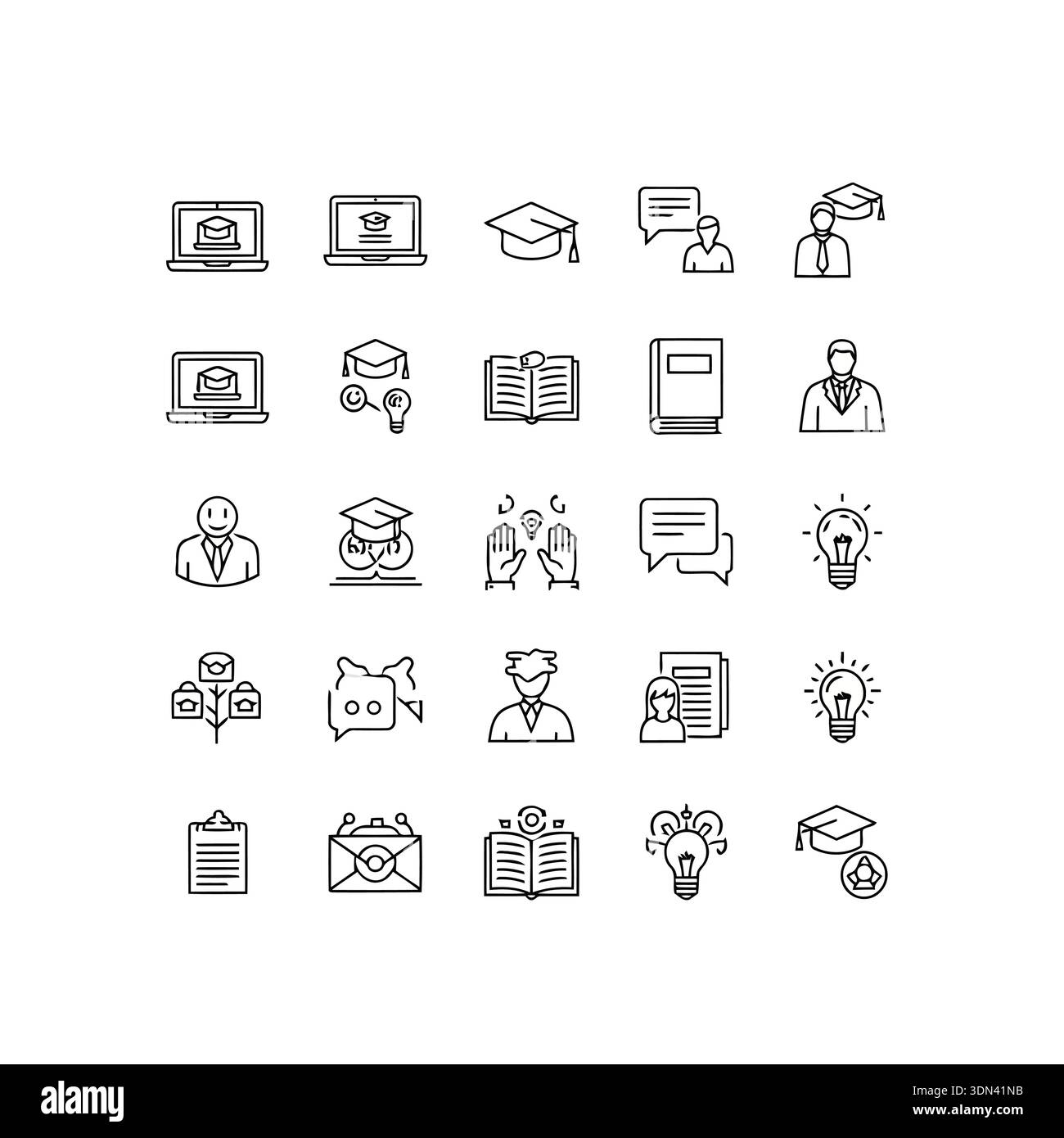 A set of black and white line art icons representing education ...