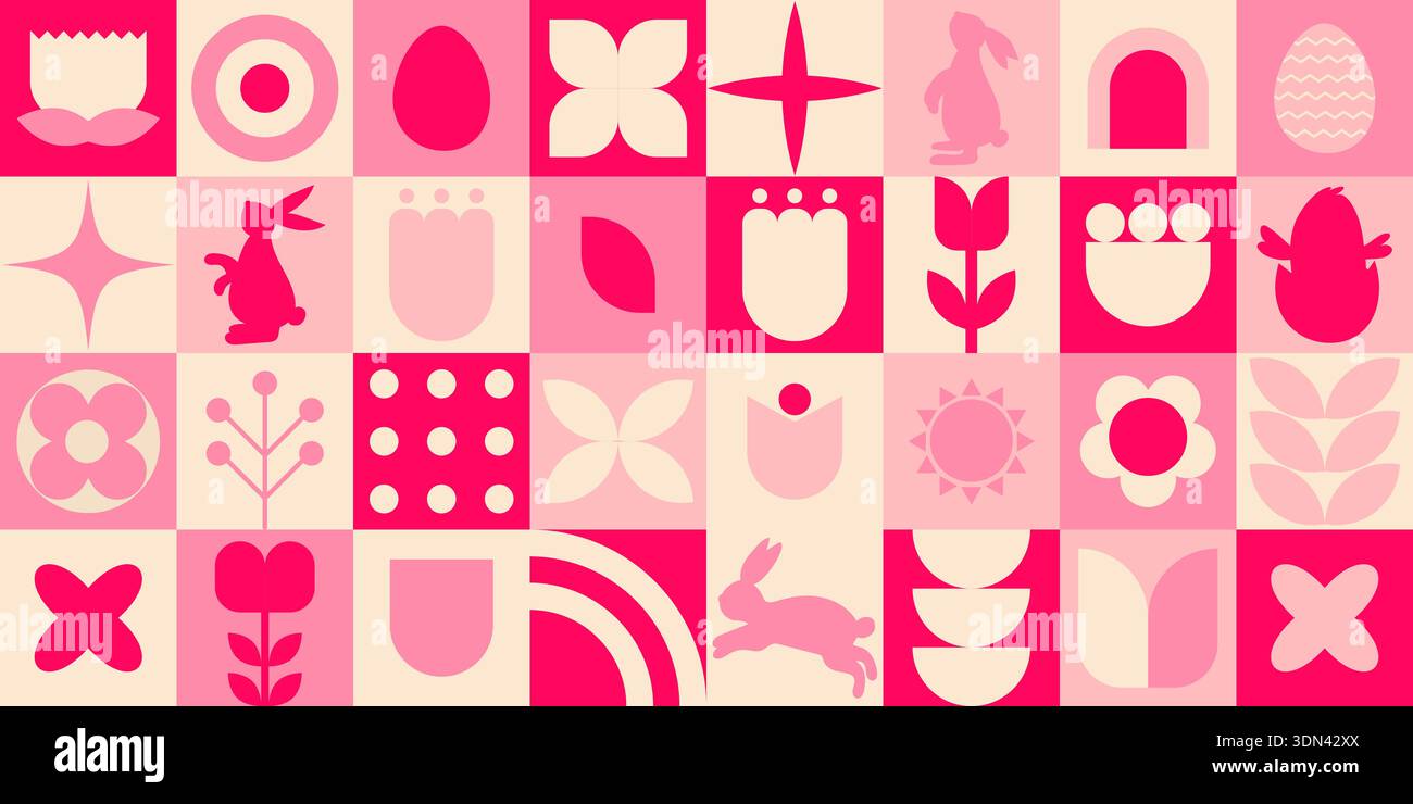 Colorful geometric Easter banner featuring various festive symbols and patterns Stock Vector