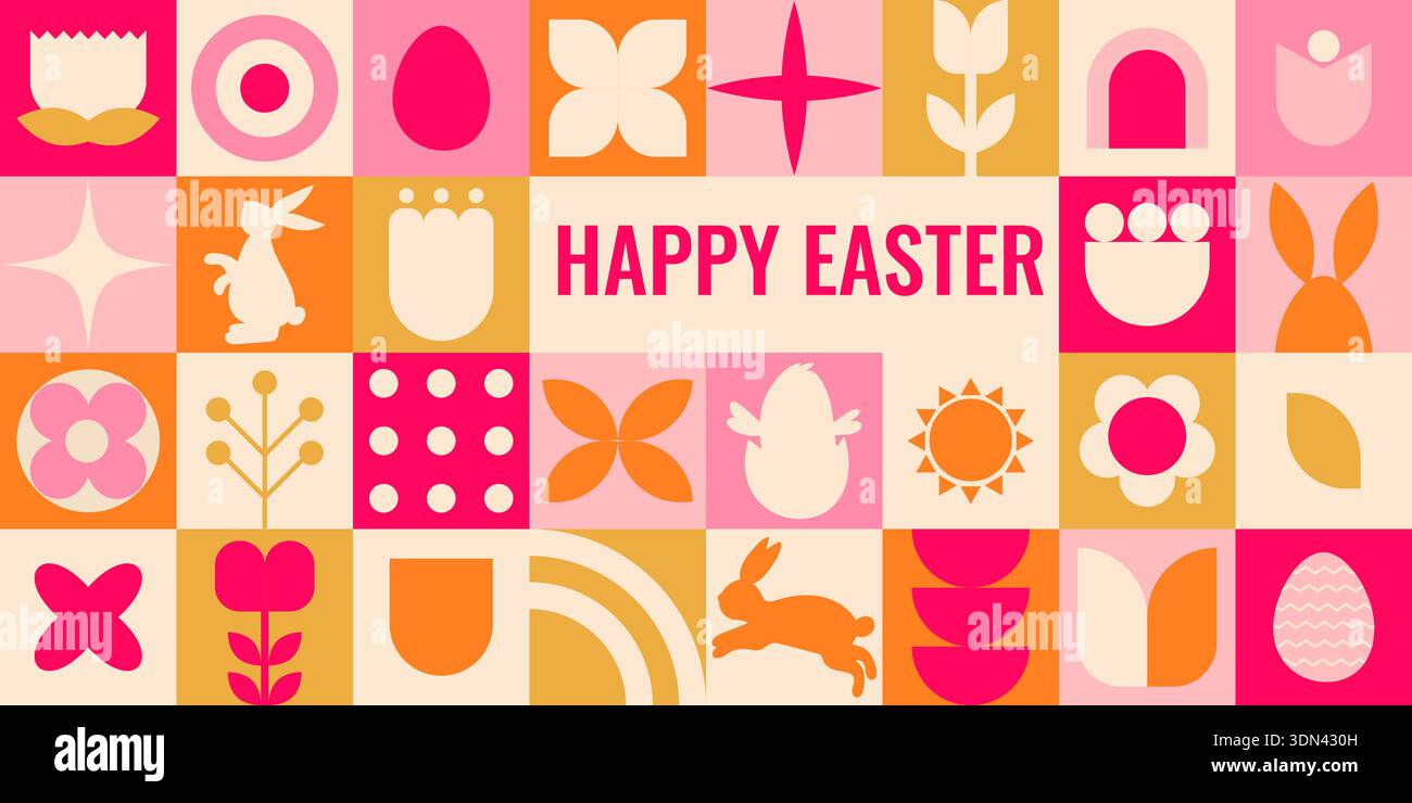Colorful geometric banner featuring Easter symbols and patterns Stock Vector