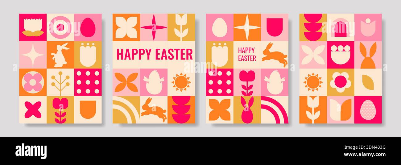 Four geometric posters featuring Easter themes and vibrant colors Stock Vector
