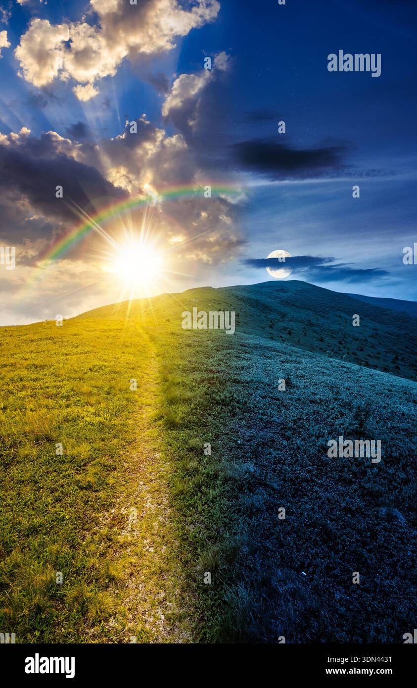 hiking trail through mountain landscape. day and night time change concept. mountains under sky with sun and moon at twilight. scenery with green gras Stock Photo