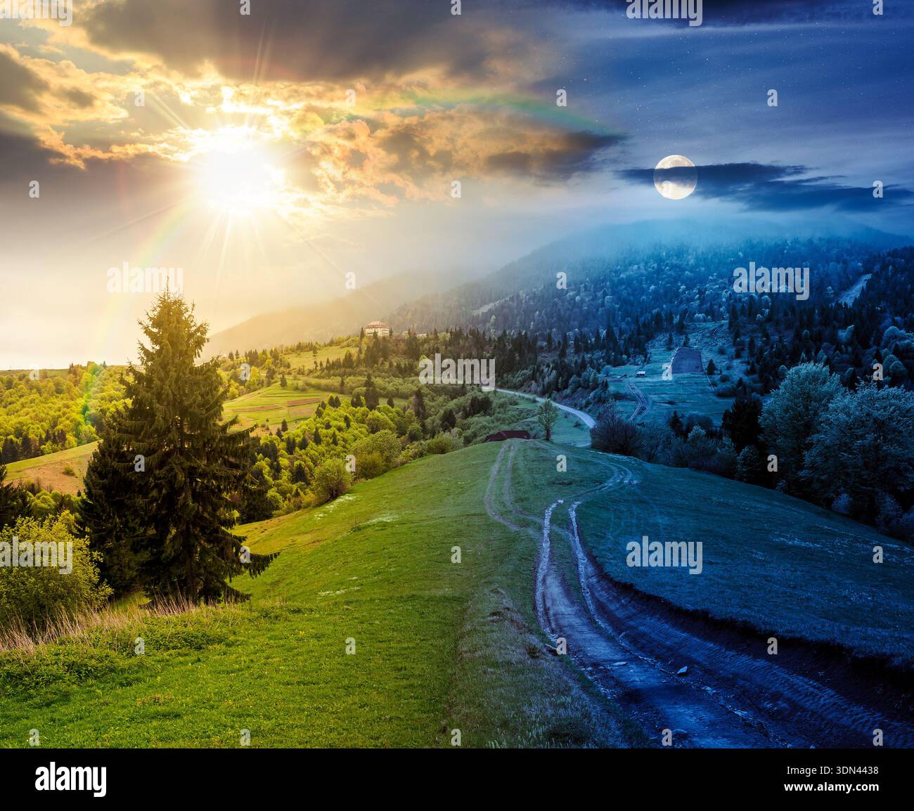 dirt road winding through green rolling hills. day and night time change concept. rural landscape in mountain range with sun and moon at twilight. cou Stock Photo