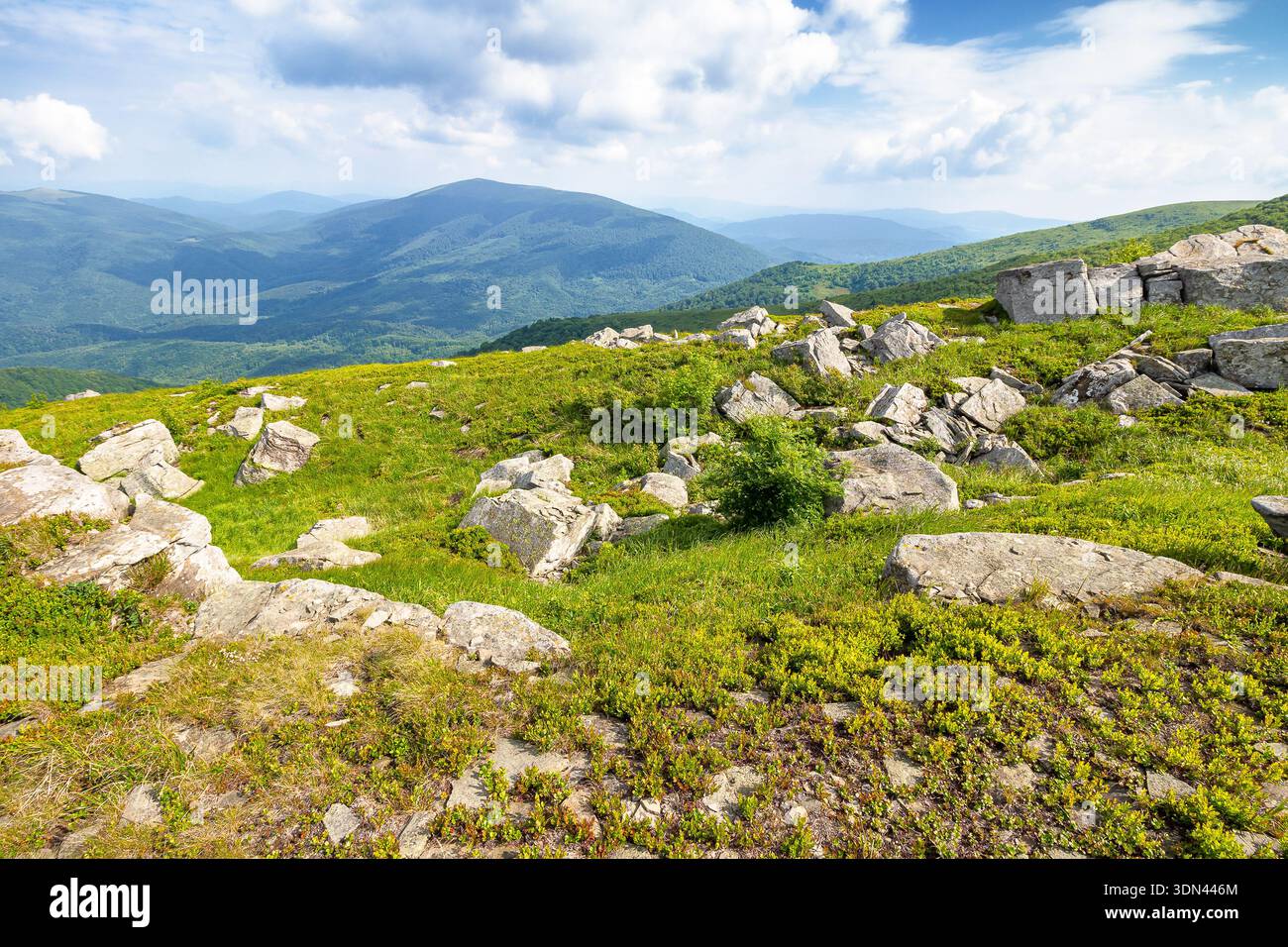 mountain landscape in summer with rocks. green grass under blue sky. alpine meadow and rolling hills with boulders on sunny day. environment sustainab Stock Photo