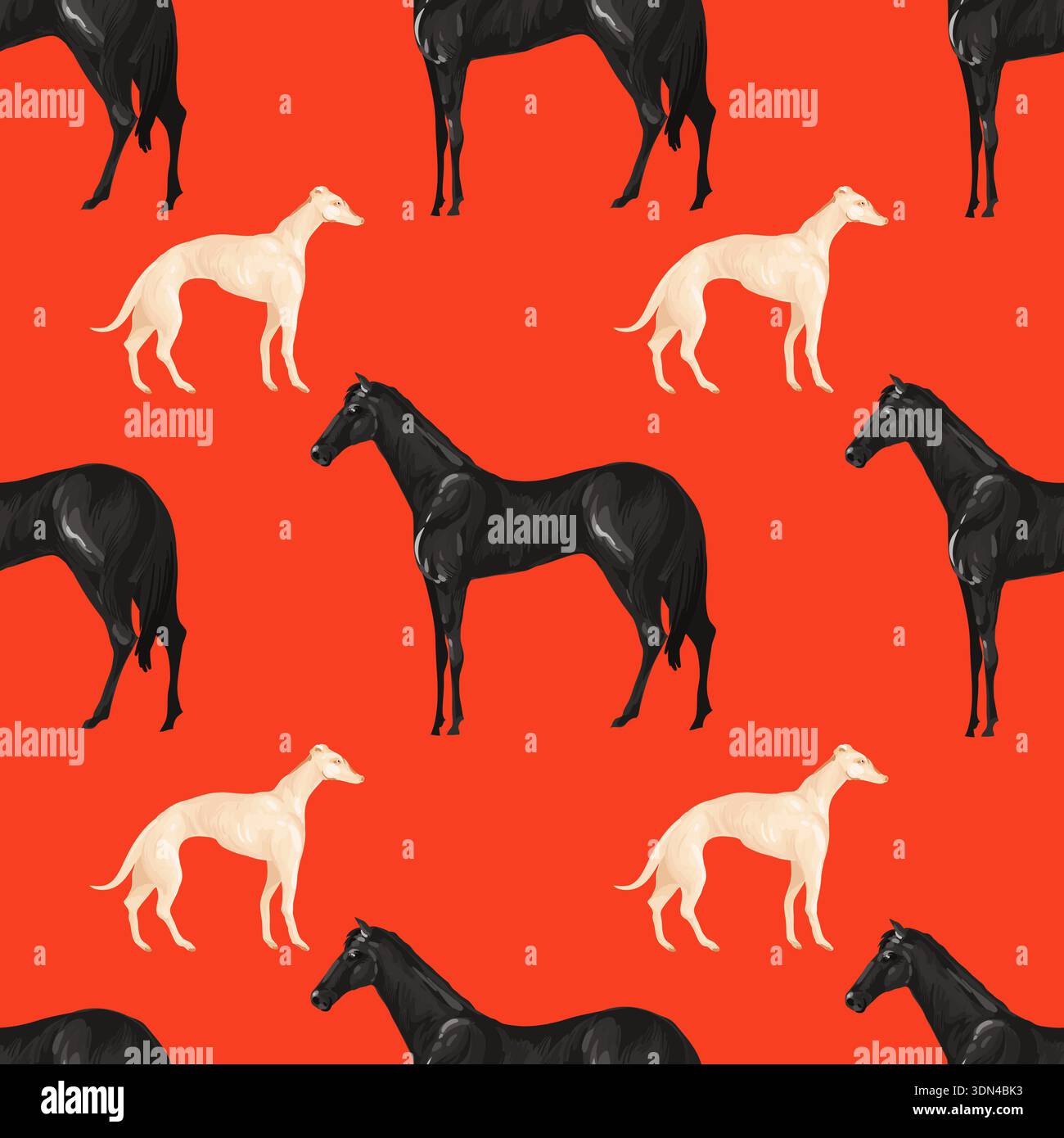 Seamless pattern with black horses and white dogs. Vector. Stock Vector