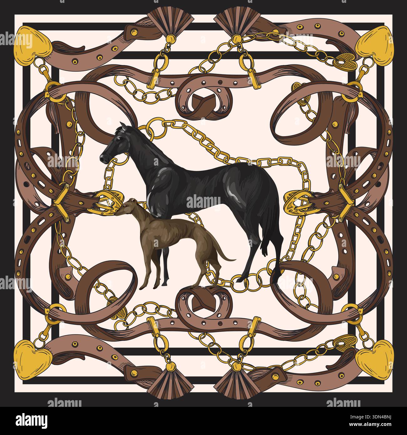 Design scarf with belts and horses. Vector. Stock Vector