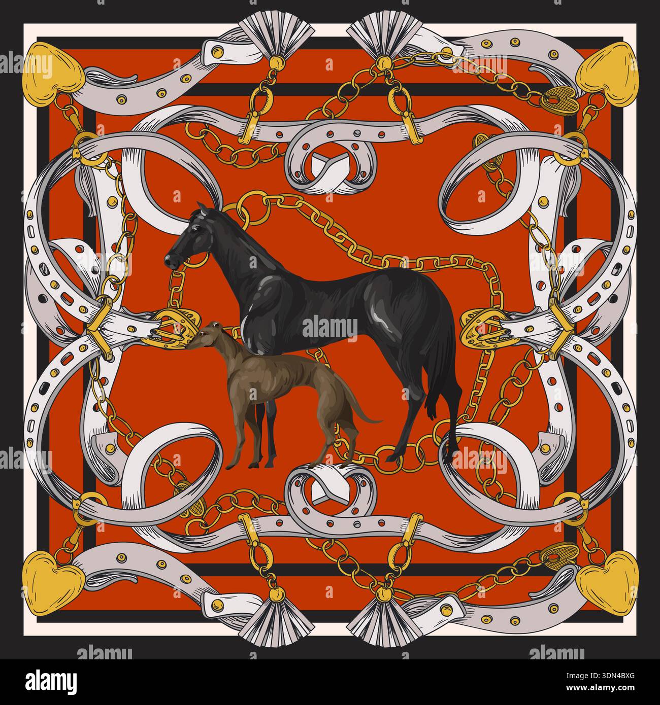 Design scarf with belts and horses. Vector. Stock Vector