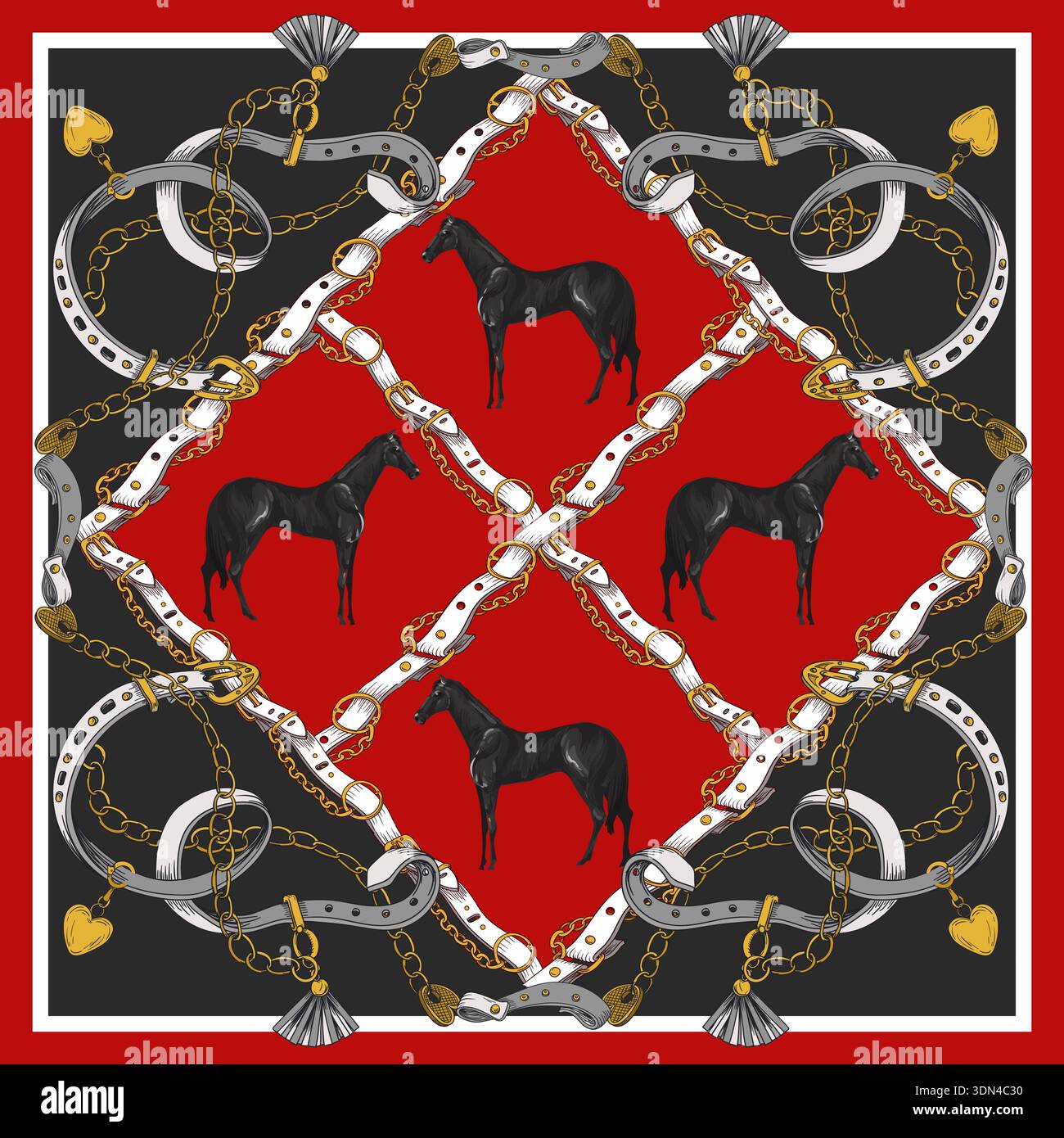 Design scarf with belts and horses. Vector. Stock Vector
