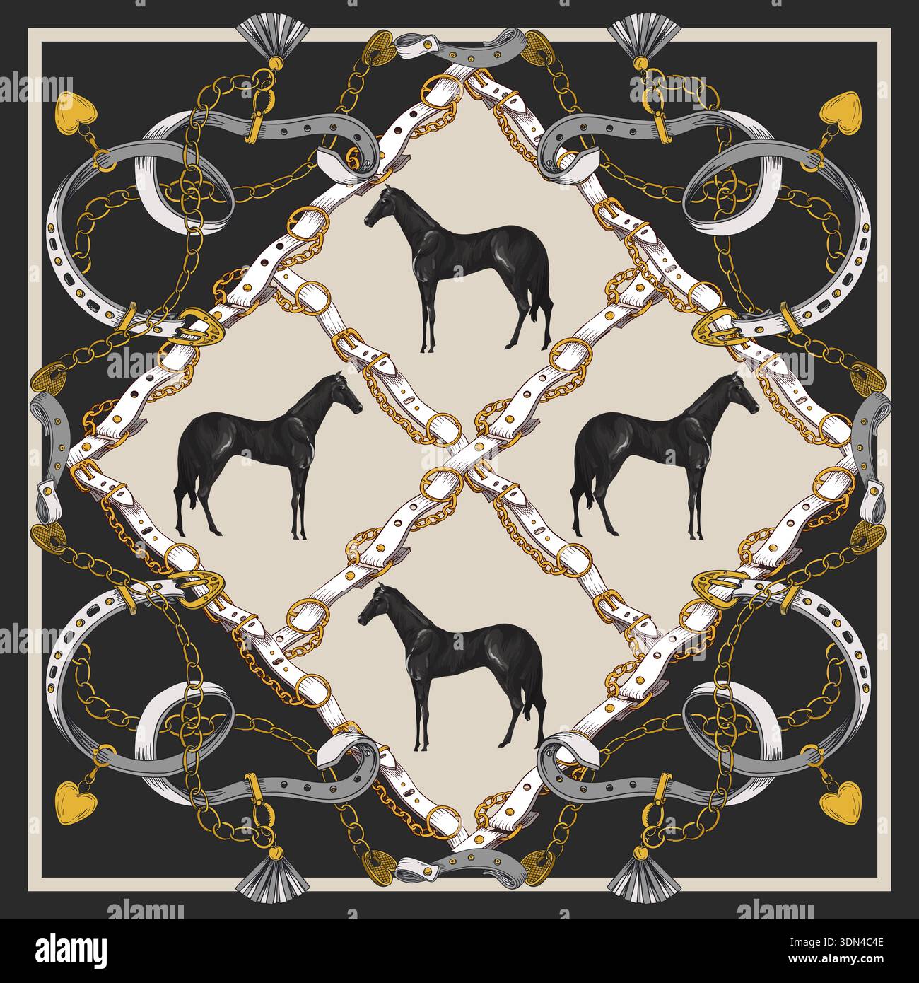 Design scarf with belts and horses. Vector. Stock Vector