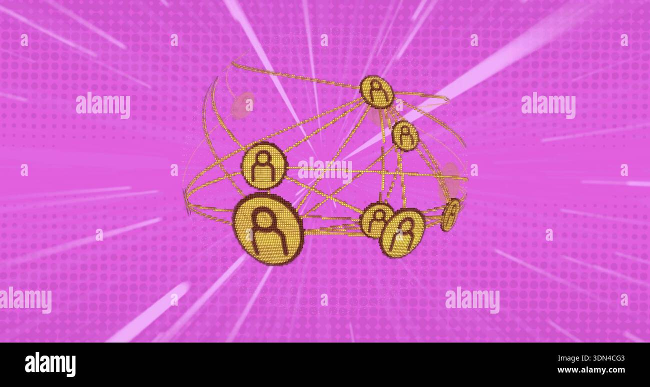 Forming spherical network glowing in magenta backdrop, with golden avatar tokens, connecting lines Stock Photo