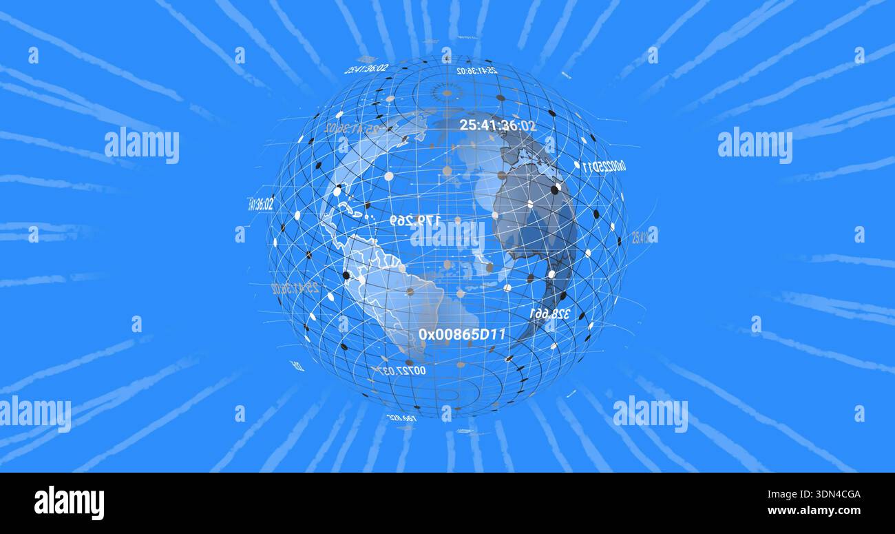 Displaying translucent wireframe globe showing continents on blue canvas, with nodes, hex labels Stock Photo