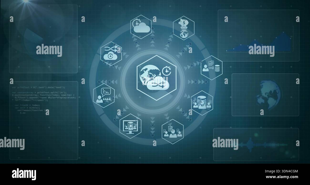 Displaying hub showing globe and cloud sync hexagon on digital dashboard, with code block and chart Stock Photo