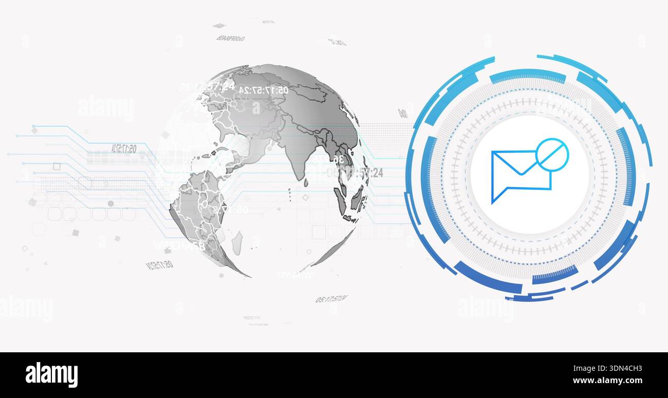 Displaying blue-cyan HUD showing envelope icon on right side UI, with globe, circuits, copy space Stock Photo