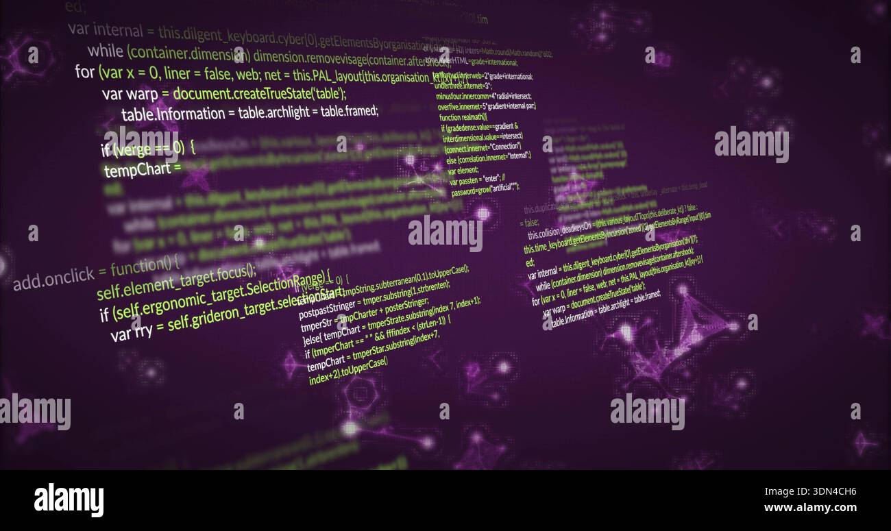 Drifting programming code blocks creating deep purple cyberspace, with glowing nodes and mesh lines Stock Photo