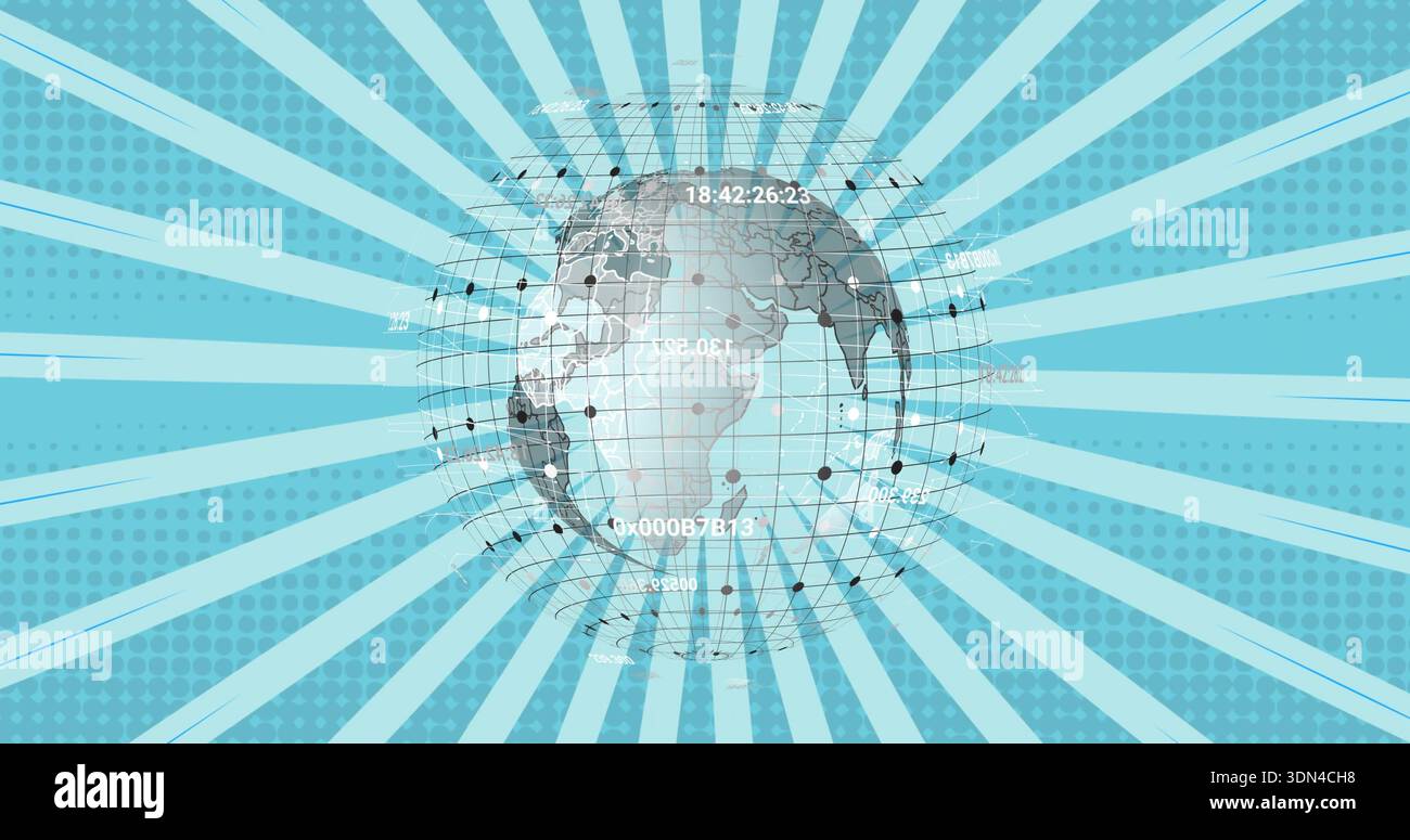 Displaying stylized globe rotating in teal graphic, showing wireframe grid, nodes and numeric text Stock Photo