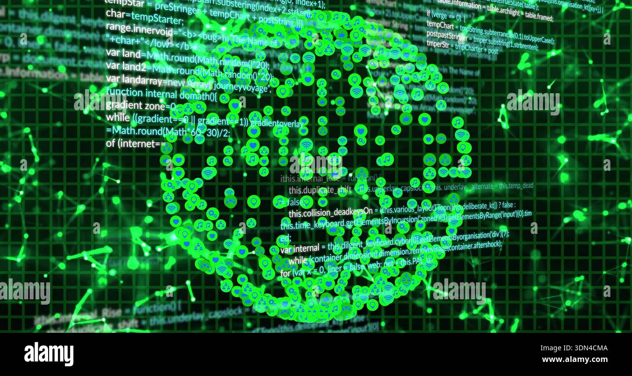 Rotating central glowing data globe forming in virtual 3D visual, with green nodes, filaments, code Stock Photo
