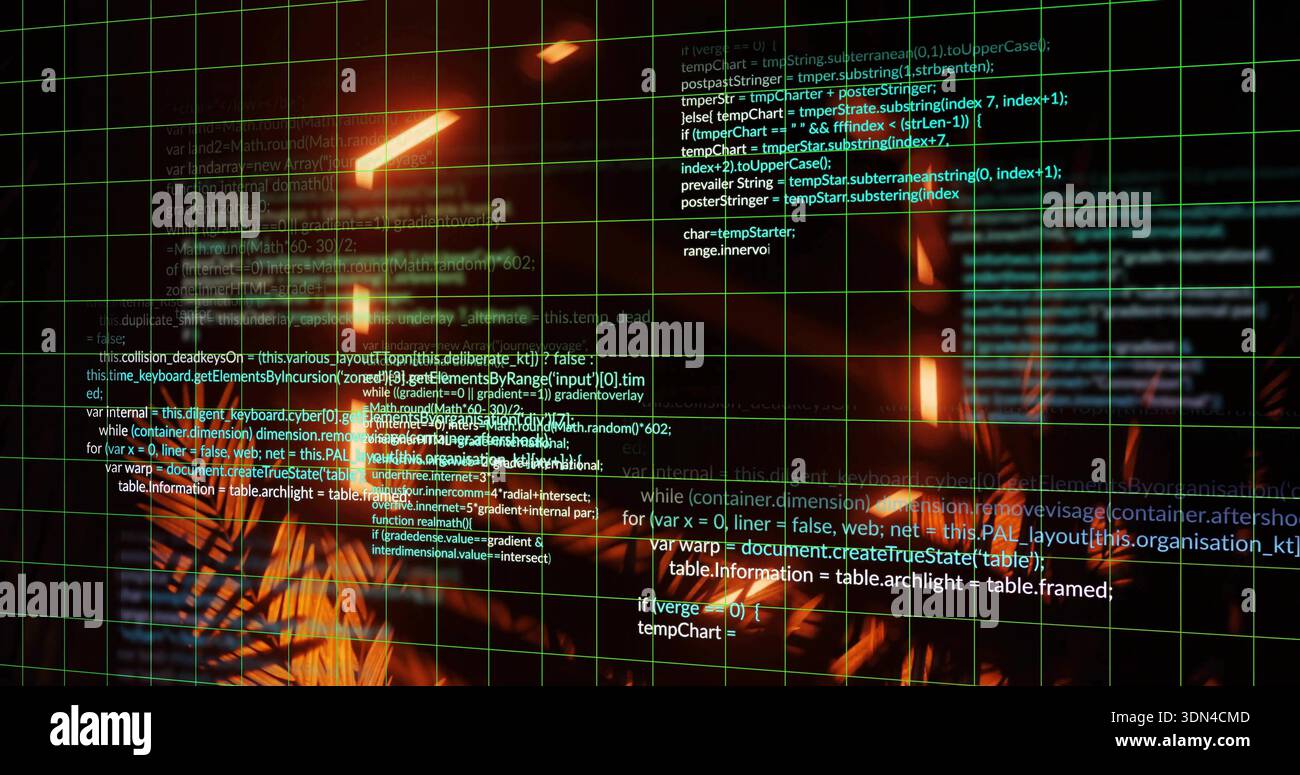 Displaying layered source code and turquoise perspective grid in digital display, with amber flares Stock Photo