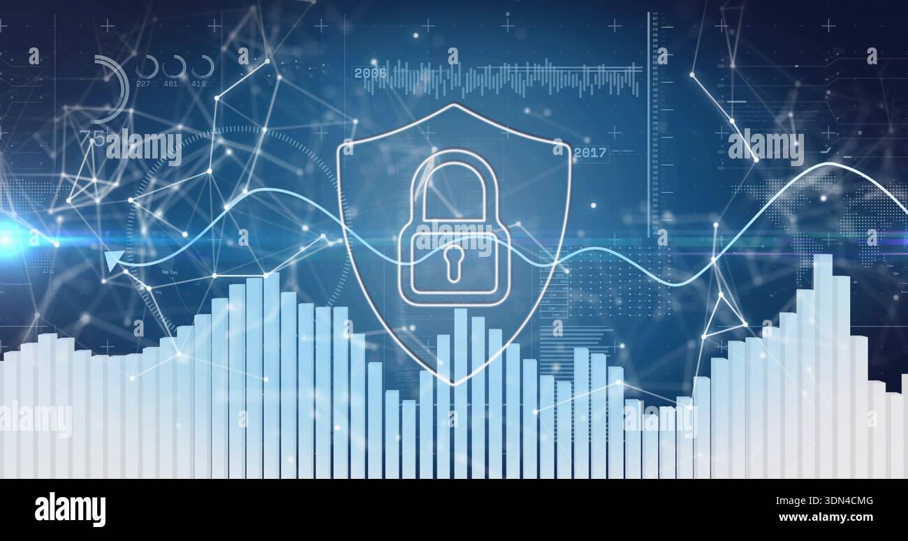 Displaying centered shield with padlock floating above bar chart on HUD, showing waveform lines Stock Photo
