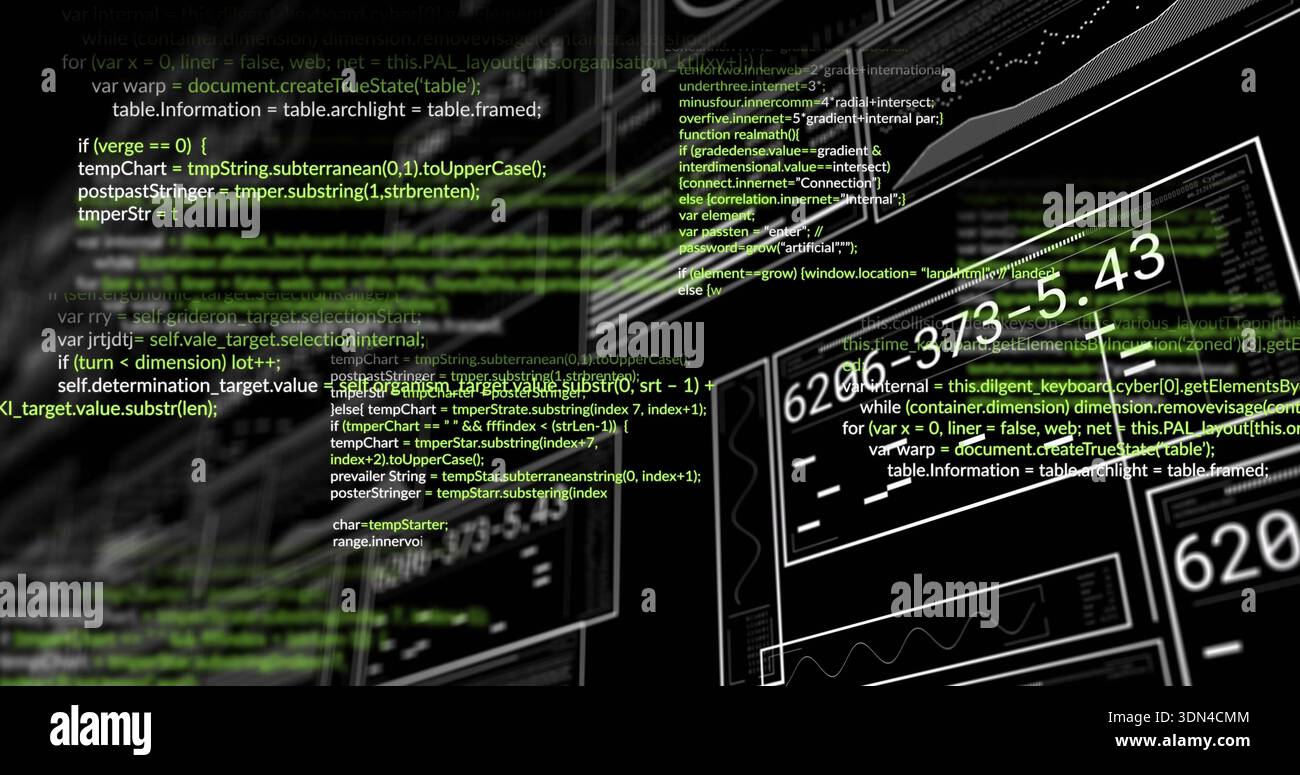 Displaying overlaid source code and UI wireframe panels in workspace with monitors and glitch lines Stock Photo