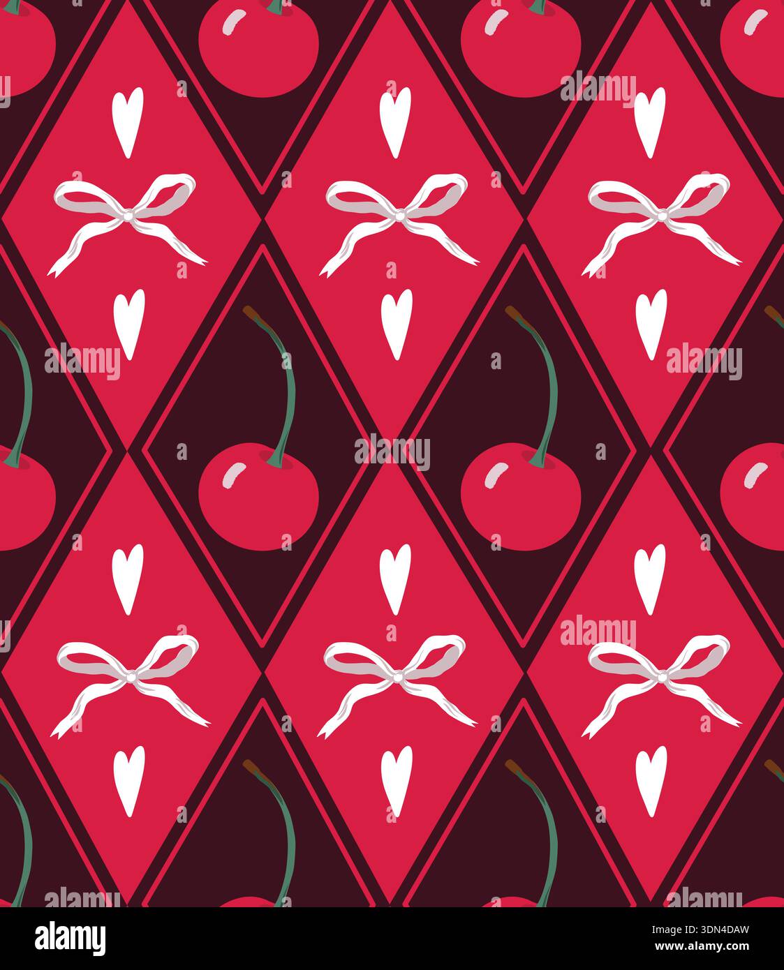 Cute cherry vector seamless pattern with pink bow ribbons hearts ...