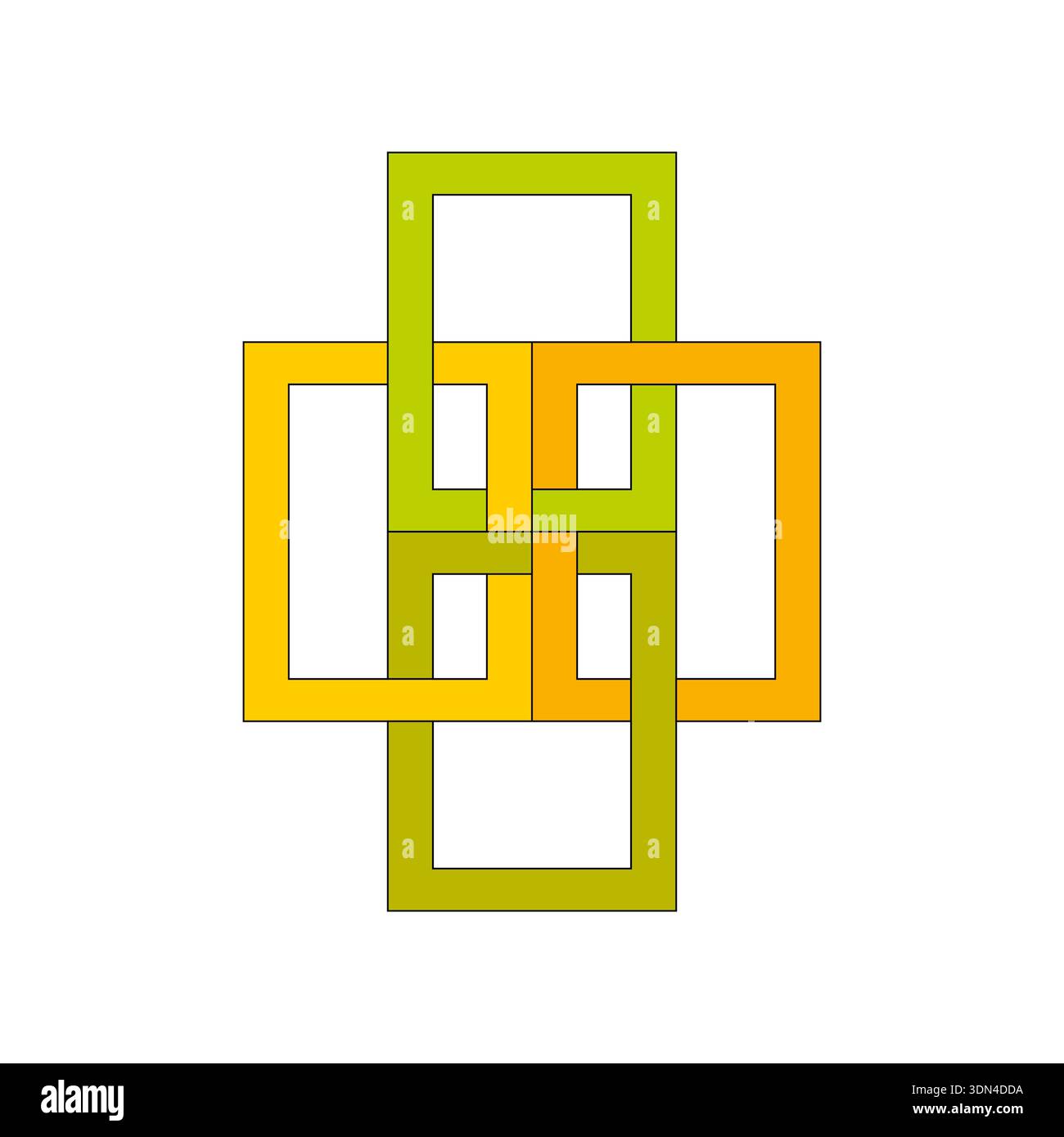 Interlocking square frames. Yellow link Vector. Geometric overlap symbol. Abstract connection shape. Stock Vector