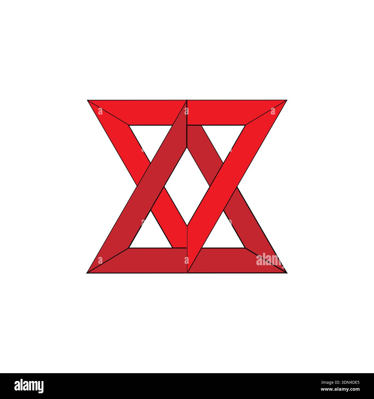 Abstract red triangles. Geometric shape logo. Intersecting Vector composition. Double hourglass structure. Stock Vector