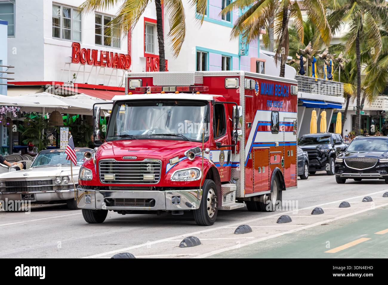 Miami Beach, United States - November 4, 2025: Fire Rescue truck firetruck on Ocean Drive in Miami Beach, United States. Stock Photo