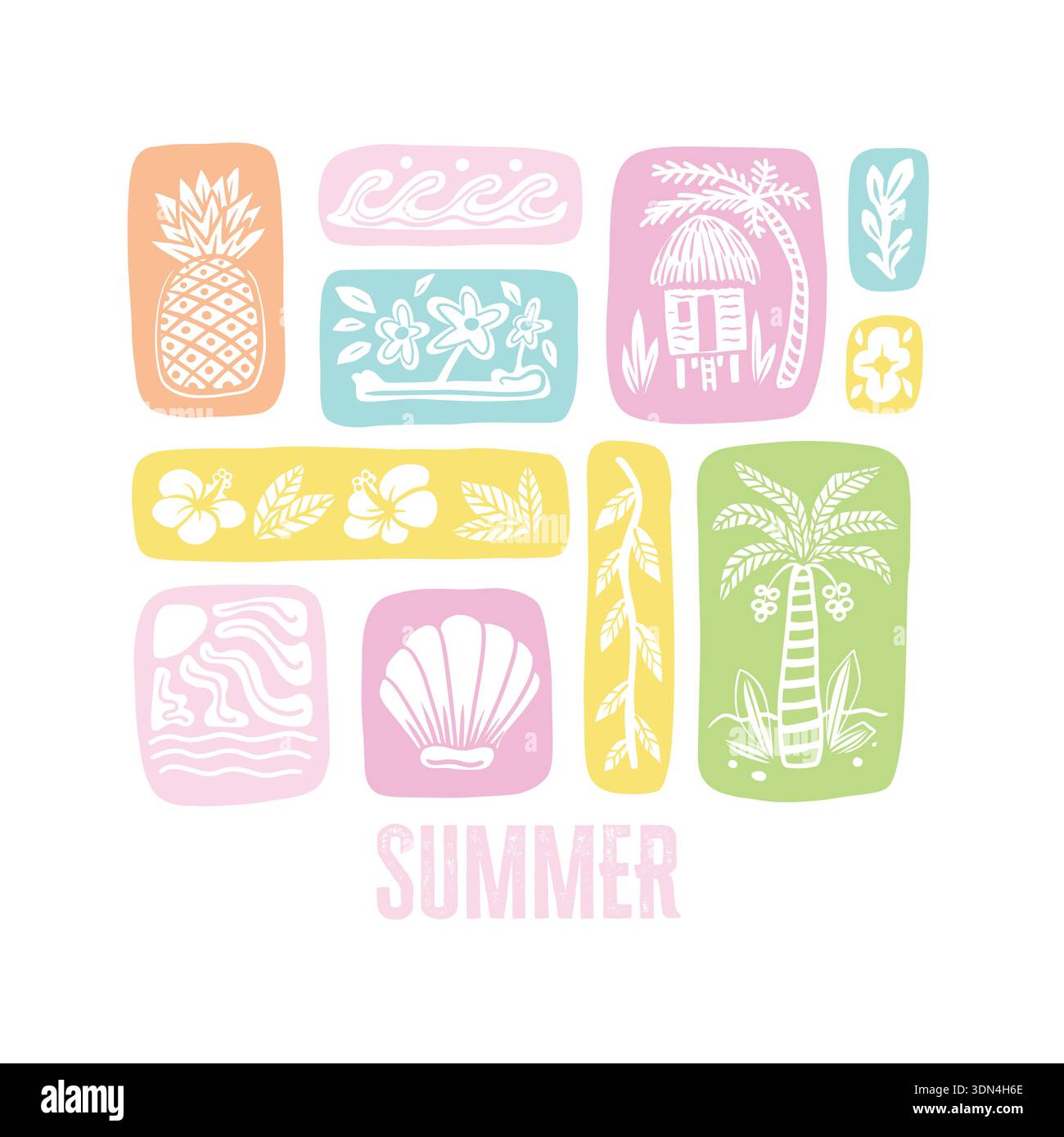 Summer vector elements with tropical square icons palm pineapple shell waves Stock Vector