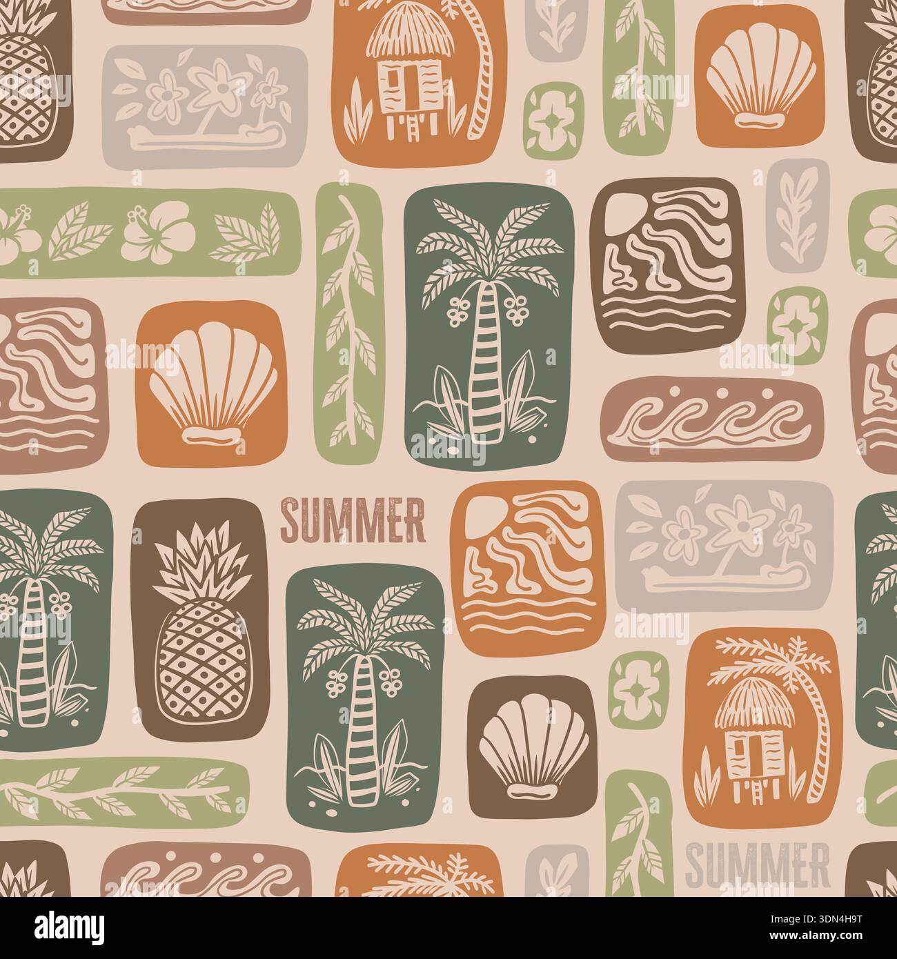 Summer vector seamless pattern with tropical square icons palm pineapple shell waves Stock Vector
