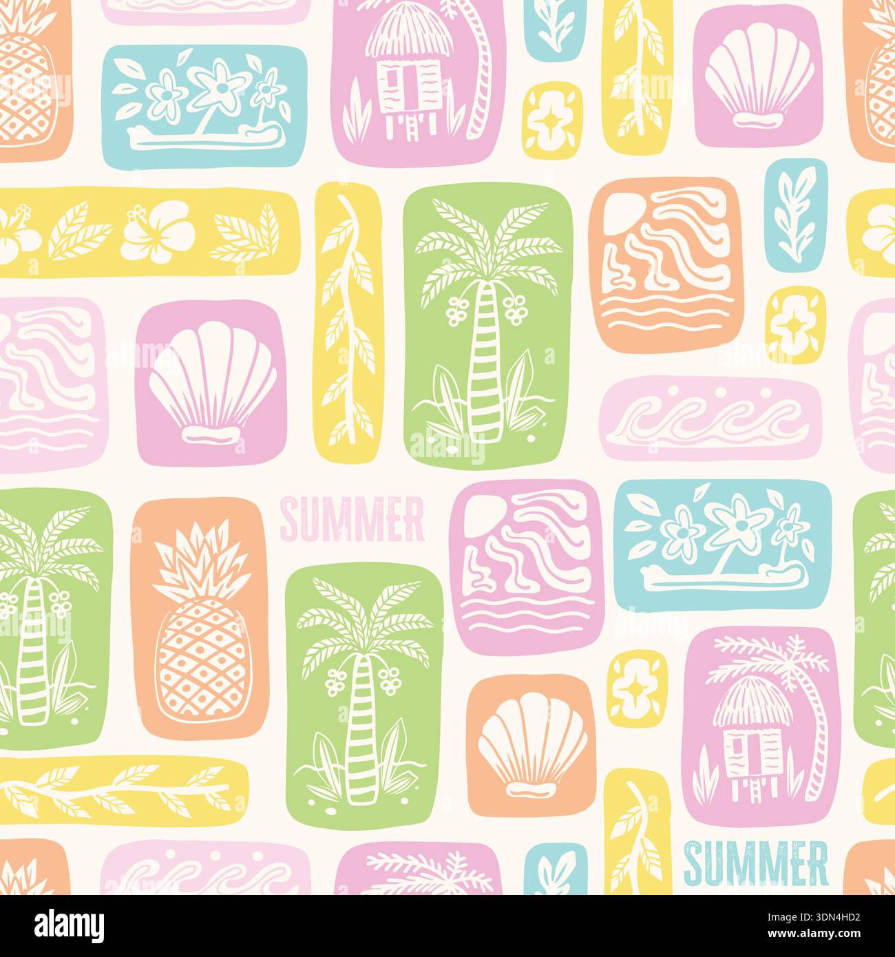 Summer vector seamless pattern with tropical square icons palm pineapple shell waves Stock Vector