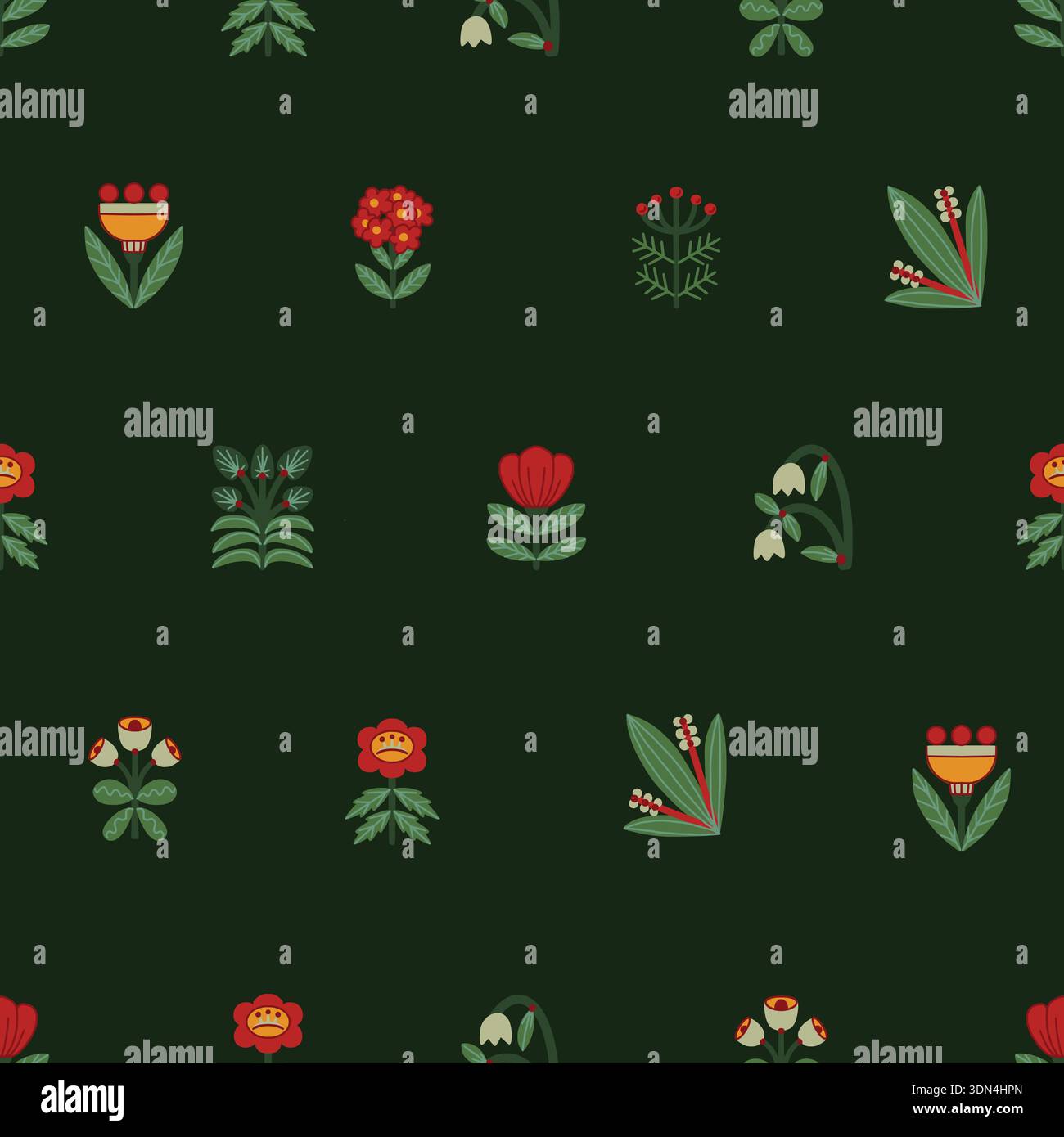 Folk Scandinavian flowers vector seamless pattern with stylized plants Stock Vector