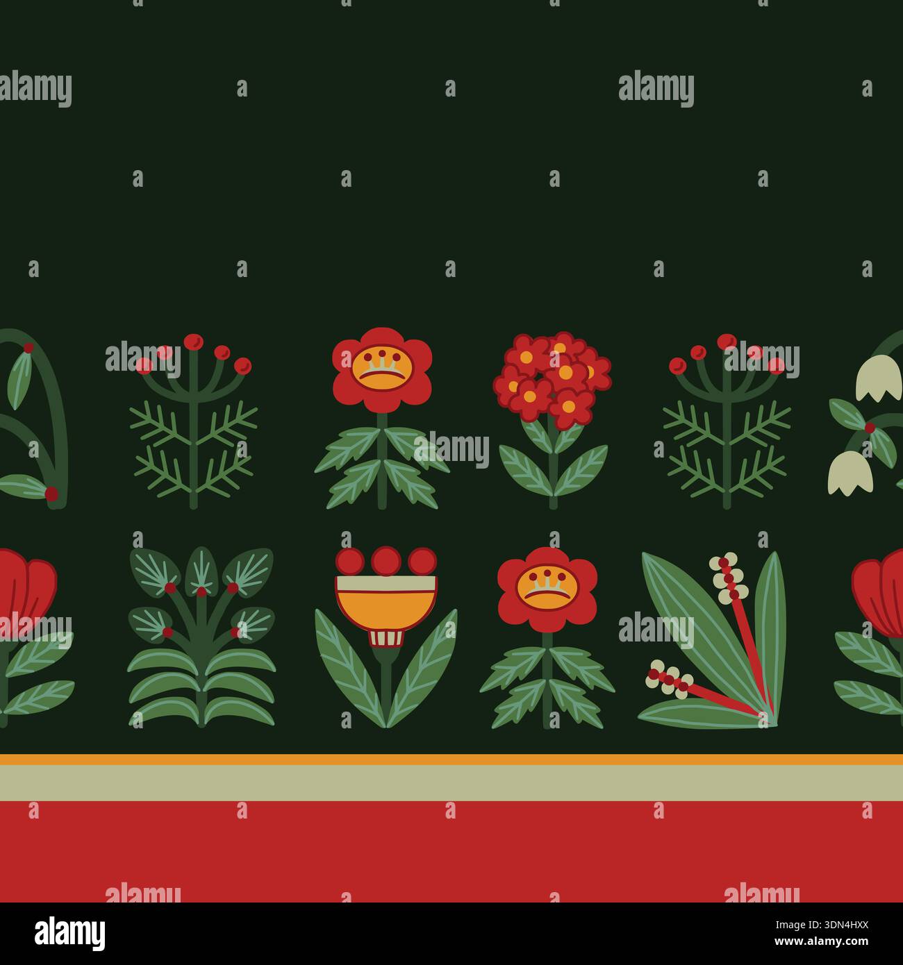 Folk Scandinavian flowers vector border with stylized plants Stock Vector